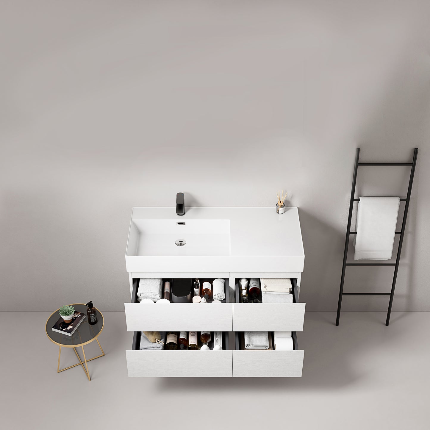 Mobile bagno sospeso 100 cm Bianco Lavabo a Sinistra in Resina Senza Specchio - Fiji Wood