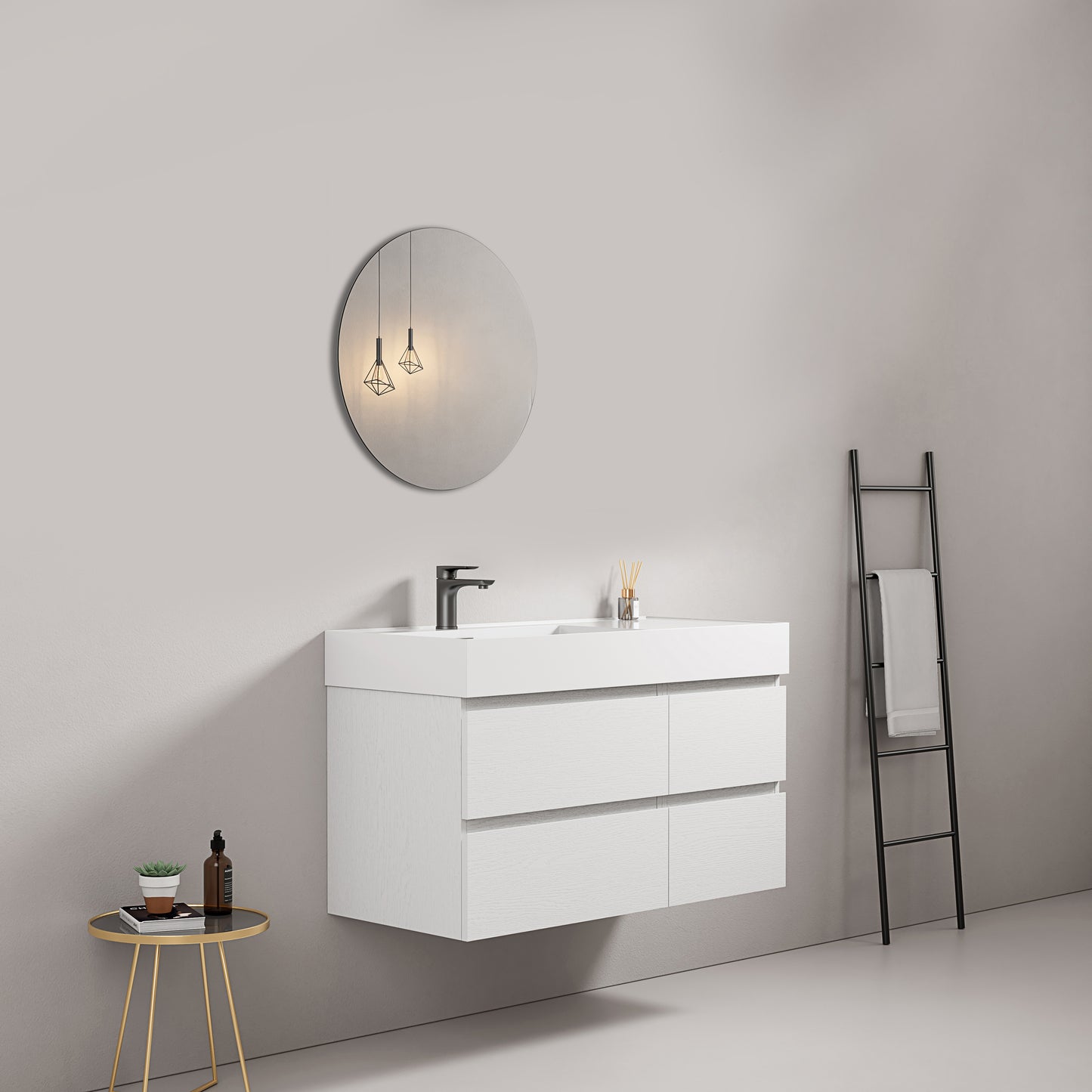 Mobile bagno sospeso 100 cm Bianco Lavabo a Sinistra in Resina Specchio Tondo - Fiji Wood