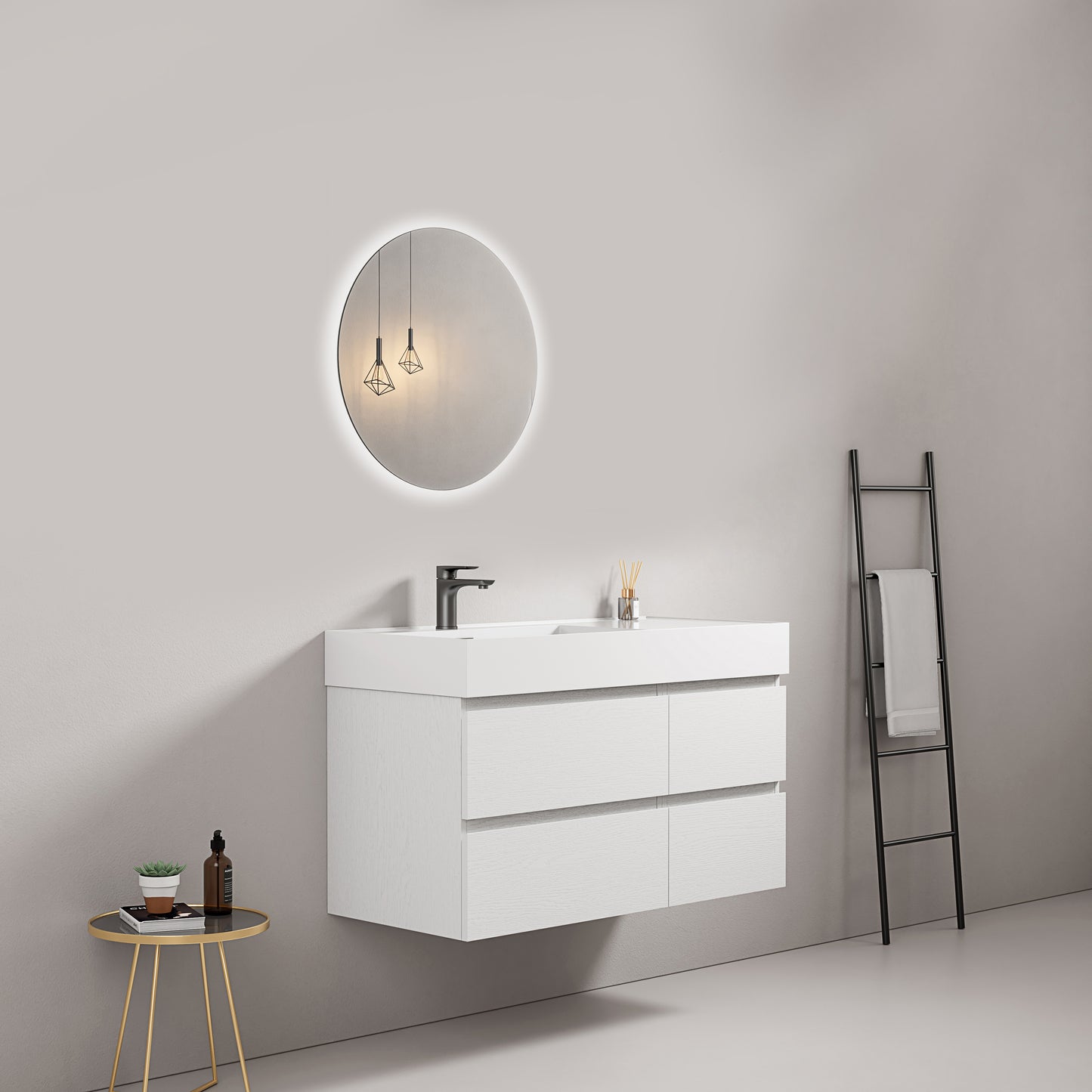 Mobile bagno sospeso 100 cm Bianco Lavabo a Sinistra in Resina Specchio Tondo Retroilluminato - Fiji Wood