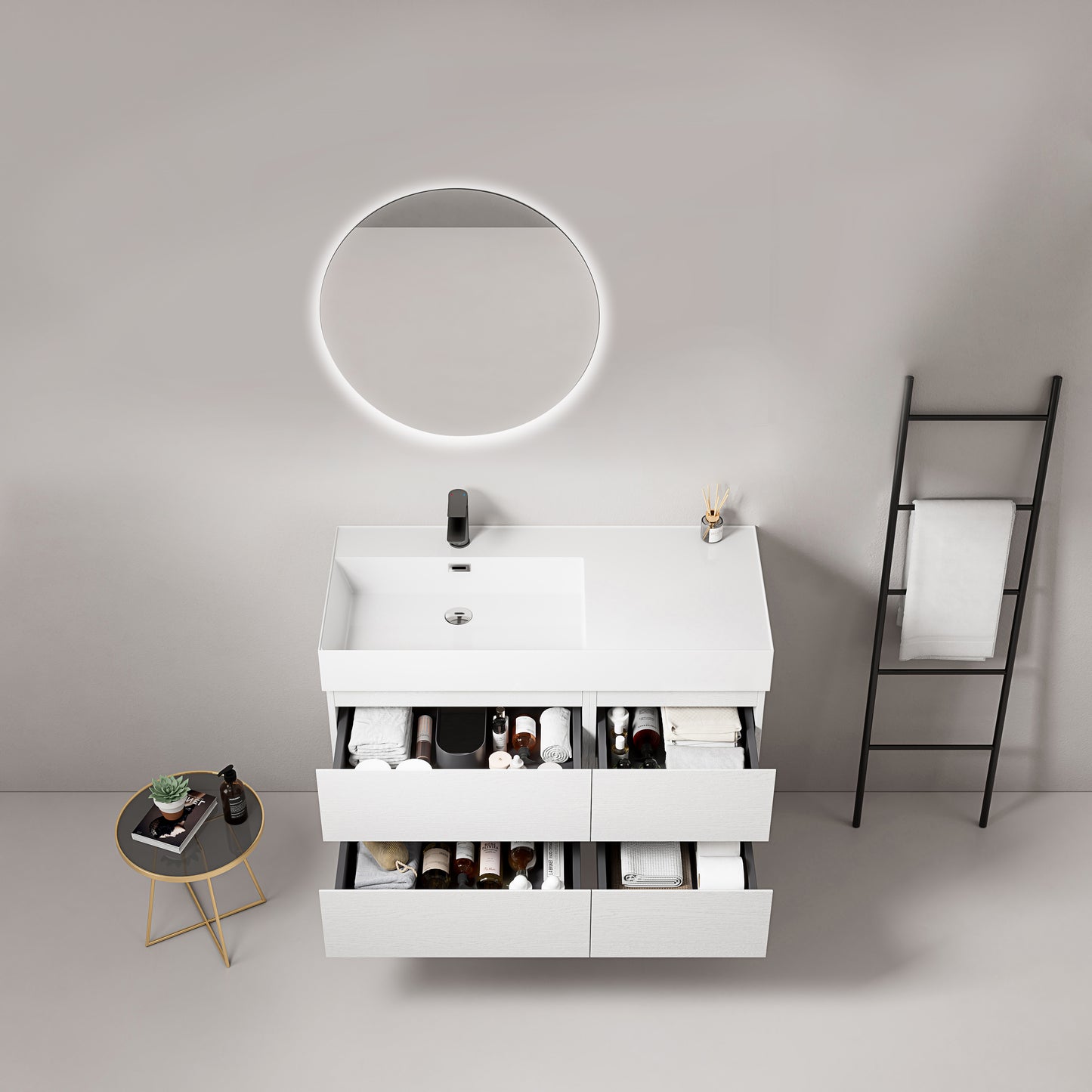 Mobile bagno sospeso 100 cm Bianco Lavabo a Sinistra in Resina Specchio Tondo Retroilluminato - Fiji Wood