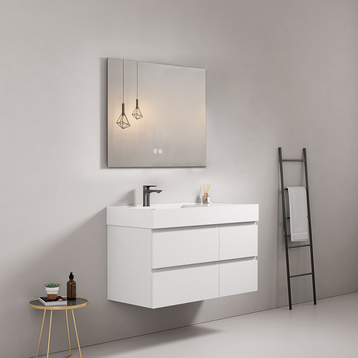 Mobile bagno sospeso 100 cm Bianco Lavabo a Sinistra in Resina Specchio Quadro - Fiji Wood
