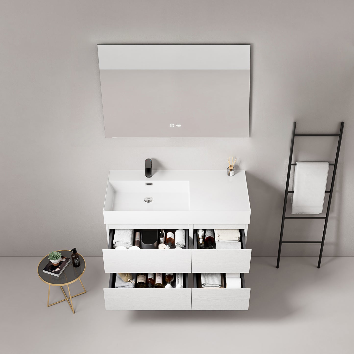 Mobile bagno sospeso 100 cm Bianco Lavabo a Sinistra in Resina Specchio Quadro - Fiji Wood