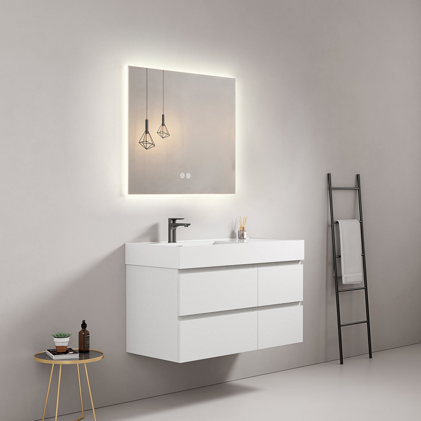 Mobile bagno sospeso 100 cm Bianco Lavabo a Sinistra in Resina Specchio Quadro Retroilluminato - Fiji Wood