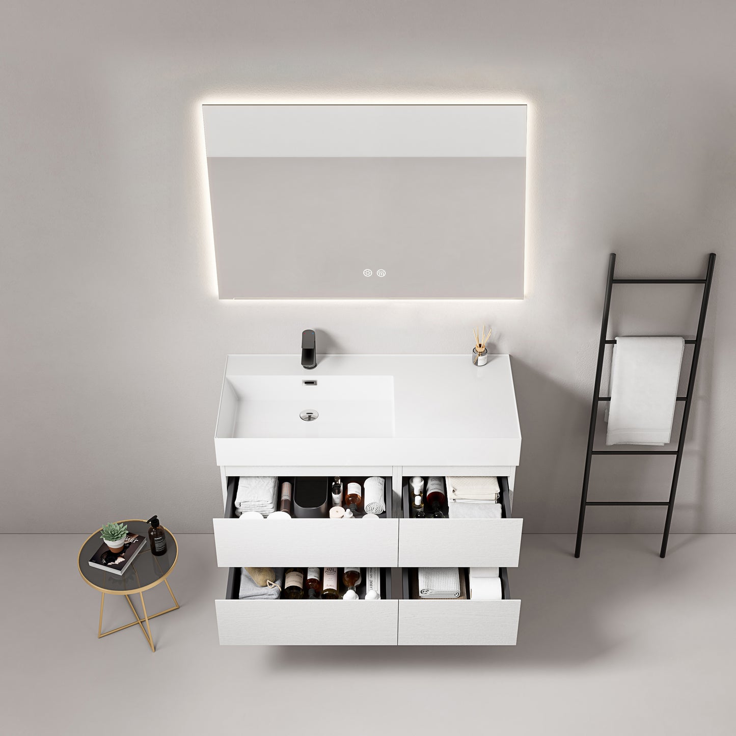 Mobile bagno sospeso 100 cm Bianco Lavabo a Sinistra in Resina Specchio Quadro Retroilluminato - Fiji Wood