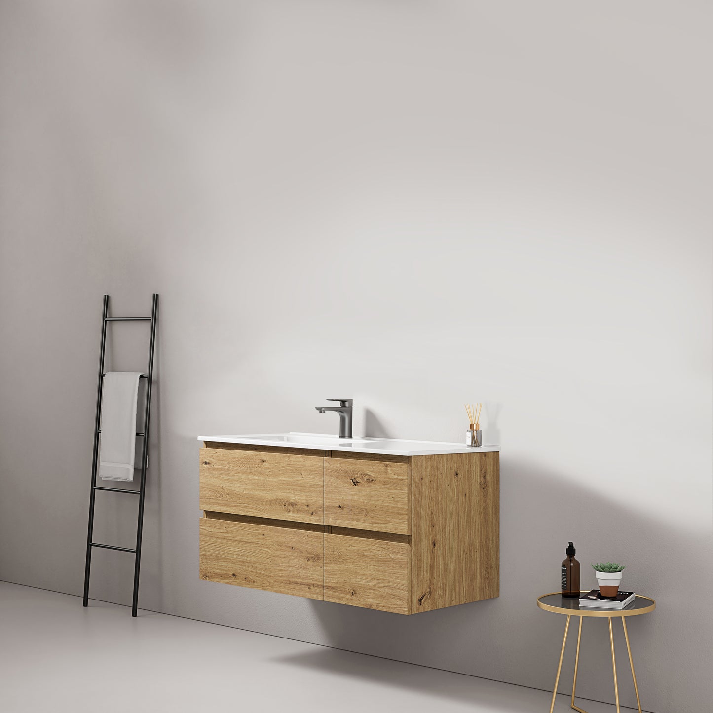 Mobile bagno sospeso 100 cm Bruno Medio Lavabo a Sinistra in Ceramica Senza Specchio - Fiji Wood