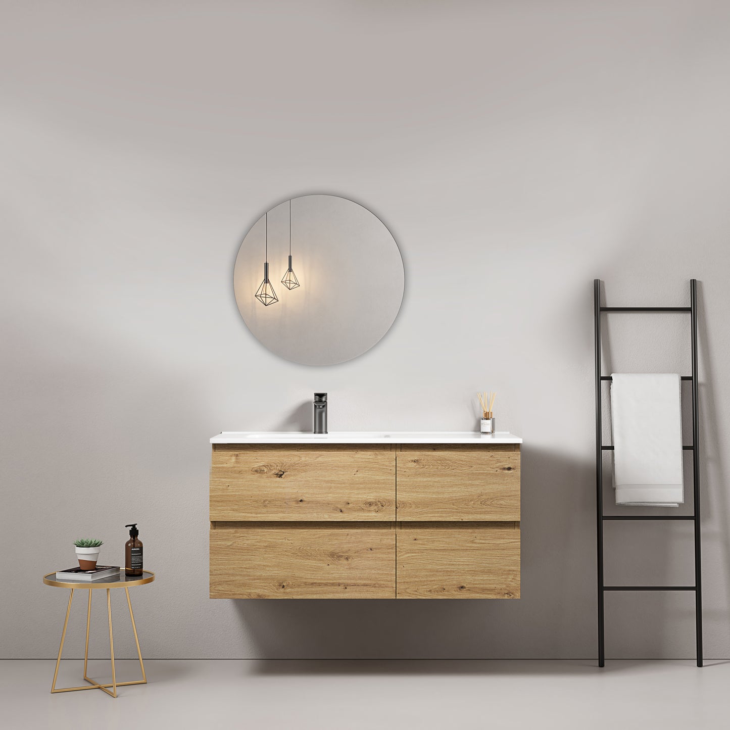 Mobile bagno sospeso 100 cm Bruno Medio Lavabo a Sinistra in Ceramica Specchio Tondo - Fiji Wood