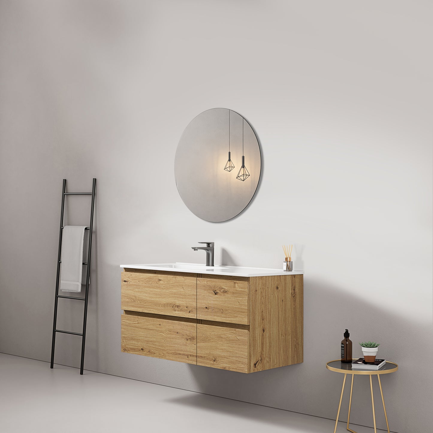 Mobile bagno sospeso 100 cm Bruno Medio Lavabo a Sinistra in Ceramica Specchio Tondo - Fiji Wood