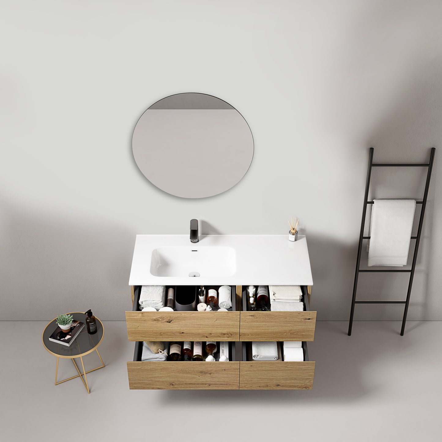 Mobile bagno sospeso 100 cm Bruno Medio Lavabo a Sinistra in Ceramica Specchio Tondo - Fiji Wood