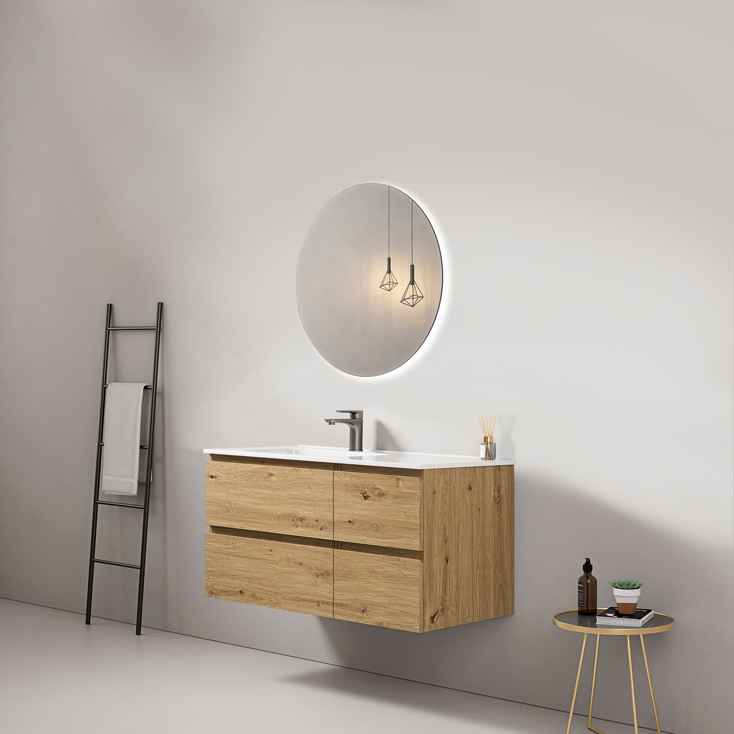 Mobile bagno sospeso 100 cm Bruno Medio Lavabo a Sinistra in Ceramica Specchio Tondo Retroilluminato - Fiji Wood