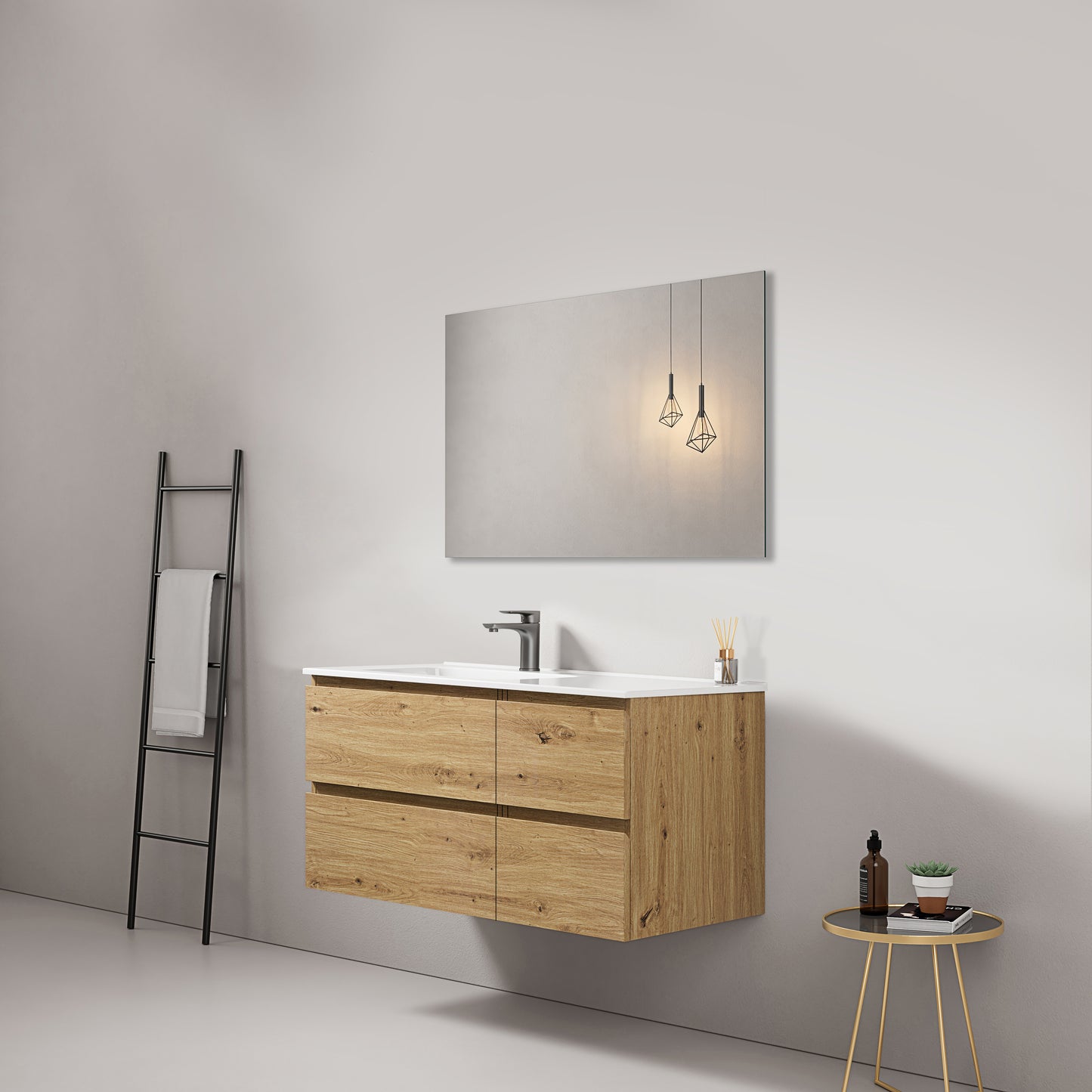 Mobile bagno sospeso 100 cm Bruno Medio Lavabo a Sinistra in Ceramica Specchio Quadro - Fiji Wood