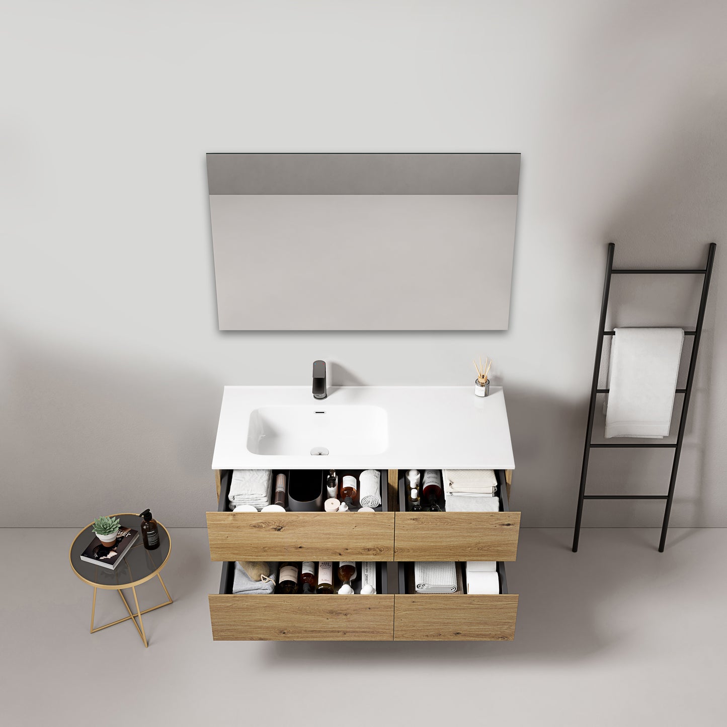 Mobile bagno sospeso 100 cm Bruno Medio Lavabo a Sinistra in Ceramica Specchio Quadro - Fiji Wood