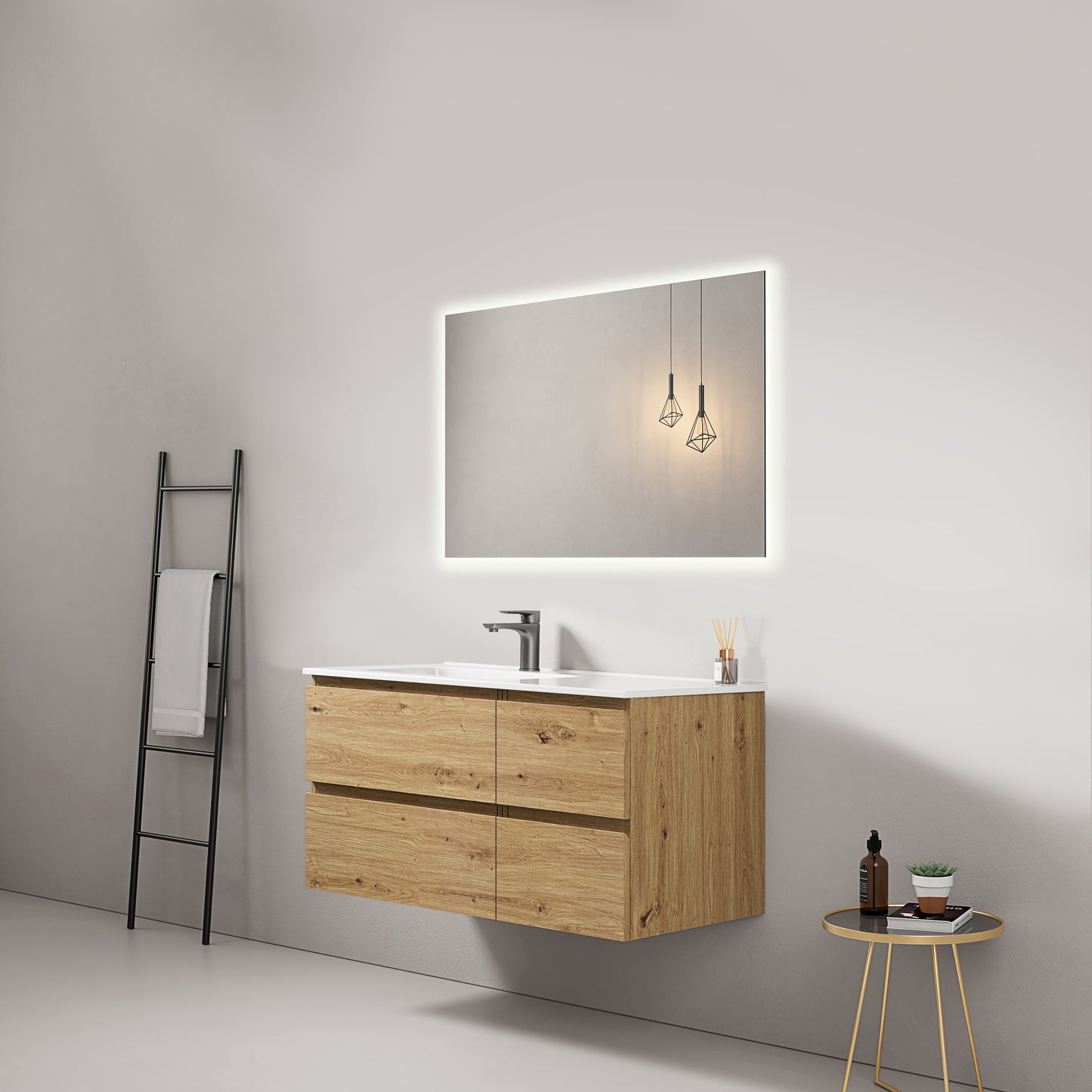 Mobile bagno sospeso 100 cm Bruno Medio Lavabo a Sinistra in Ceramica Specchio Quadro Retroilluminato - Fiji Wood