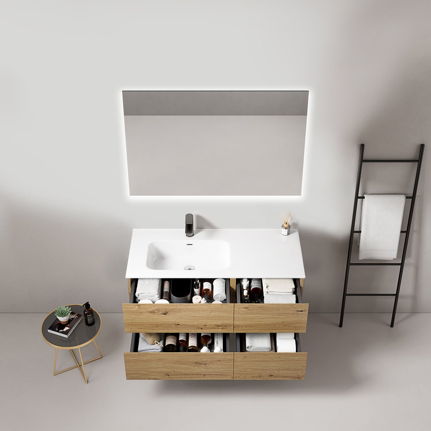 Mobile bagno sospeso 100 cm Bruno Medio Lavabo a Sinistra in Ceramica Specchio Quadro Retroilluminato - Fiji Wood