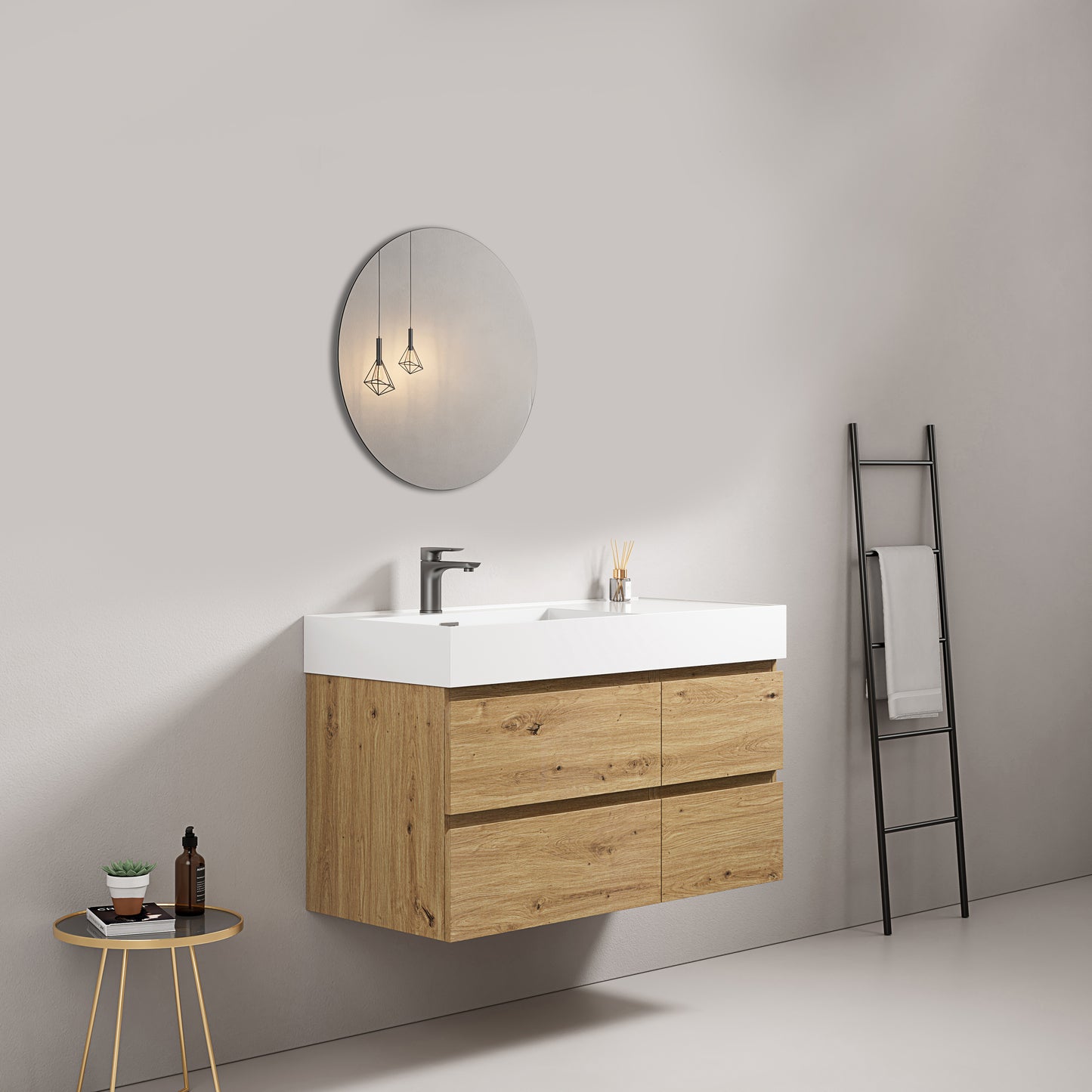 Mobile bagno sospeso 100 cm Bruno Medio Lavabo a Sinistra in Resina Specchio Tondo - Fiji Wood