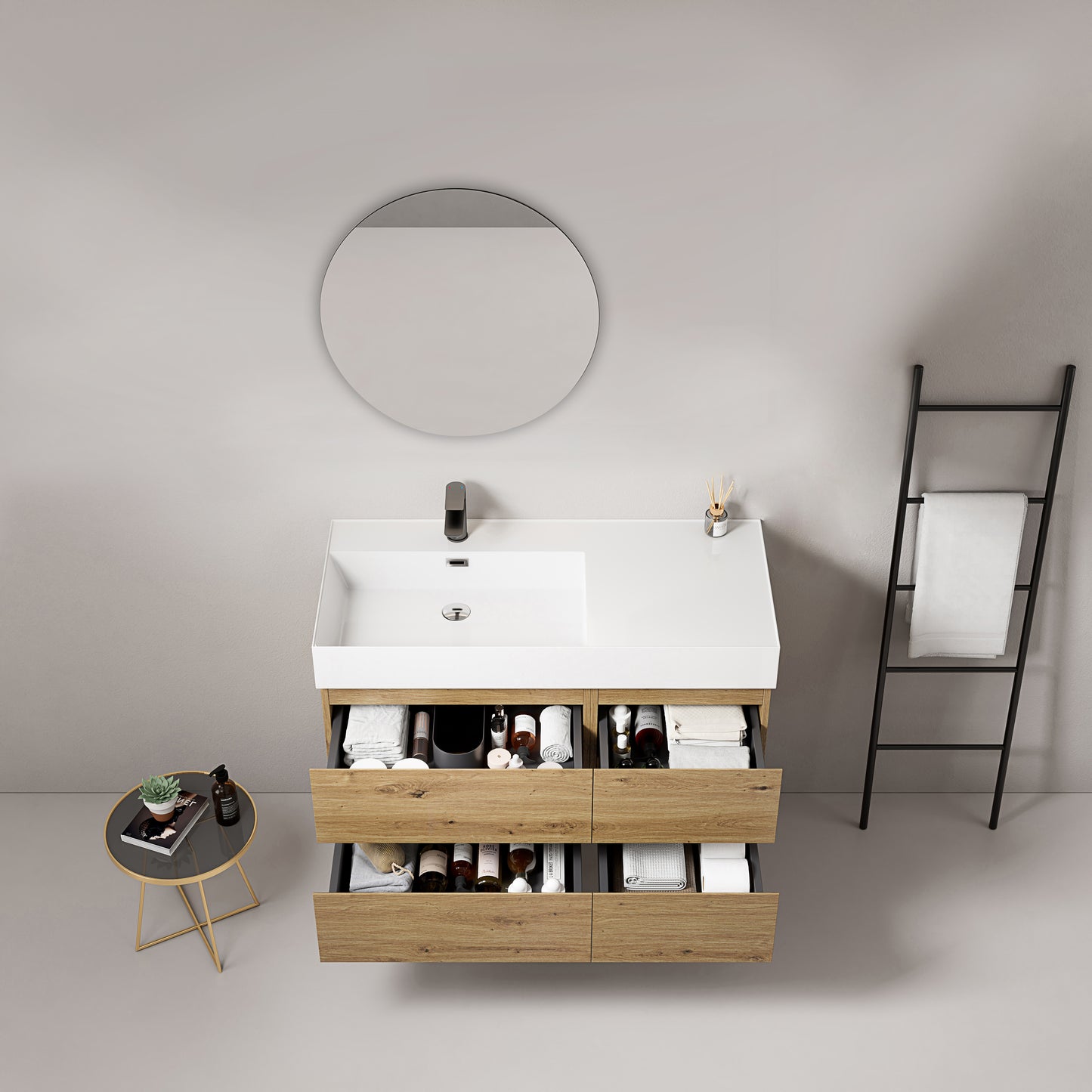 Mobile bagno sospeso 100 cm Bruno Medio Lavabo a Sinistra in Resina Specchio Tondo - Fiji Wood