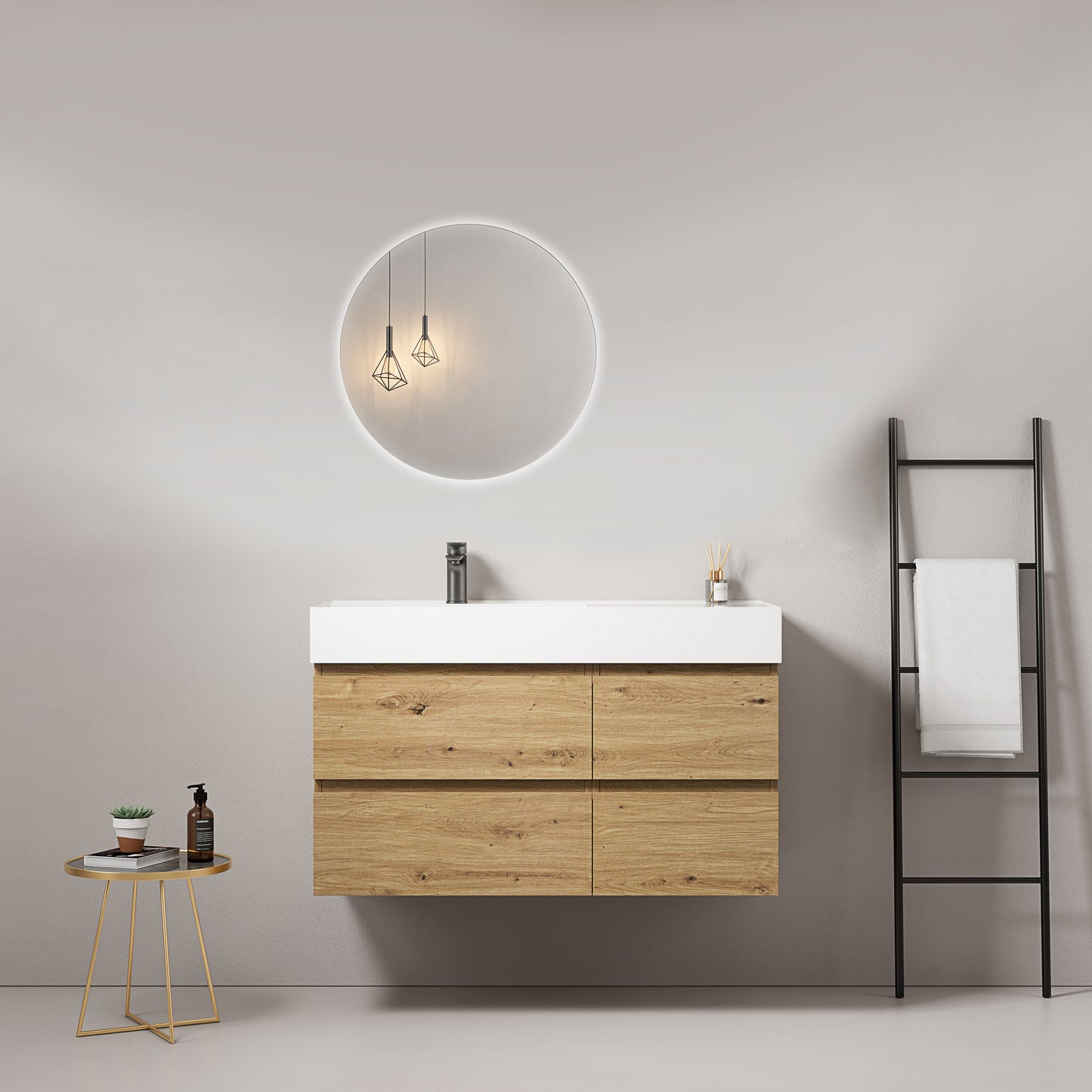 Mobile bagno sospeso 100 cm Bruno Medio Lavabo a Sinistra in Resina Specchio Tondo Retroilluminato - Fiji Wood