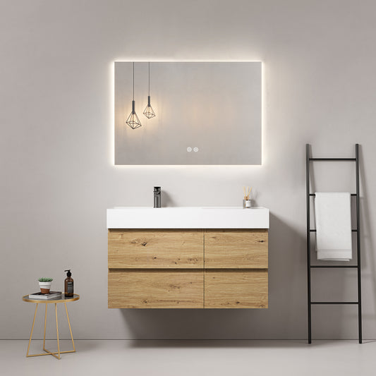 Mobile bagno sospeso 100 cm Bruno Medio Lavabo a Sinistra in Resina Specchio Quadro Retroilluminato - Fiji Wood