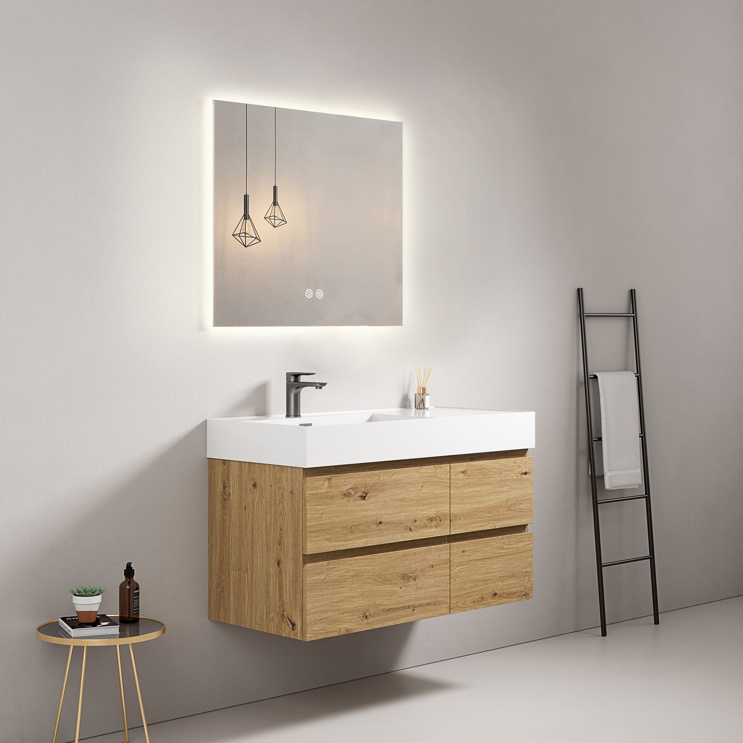 Mobile bagno sospeso 100 cm Bruno Medio Lavabo a Sinistra in Resina Specchio Quadro Retroilluminato - Fiji Wood