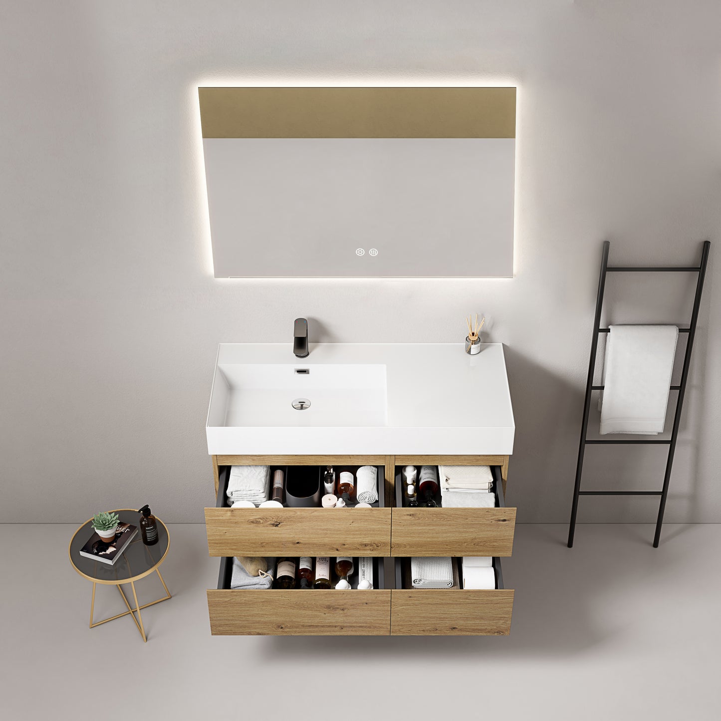 Mobile bagno sospeso 100 cm Bruno Medio Lavabo a Sinistra in Resina Specchio Quadro Retroilluminato - Fiji Wood
