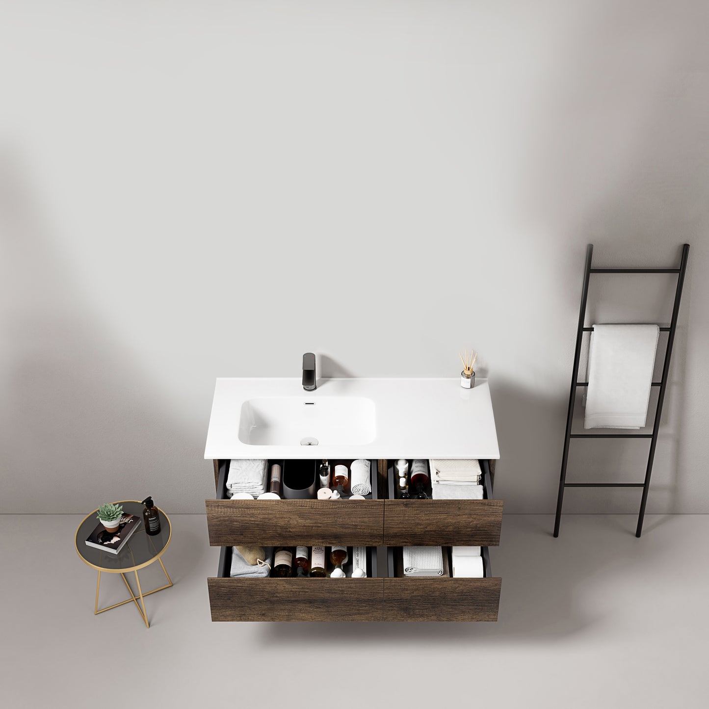 Mobile bagno sospeso 100 cm Bruno Scuro Lavabo a Sinistra in Ceramica Senza Specchio - Fiji Wood