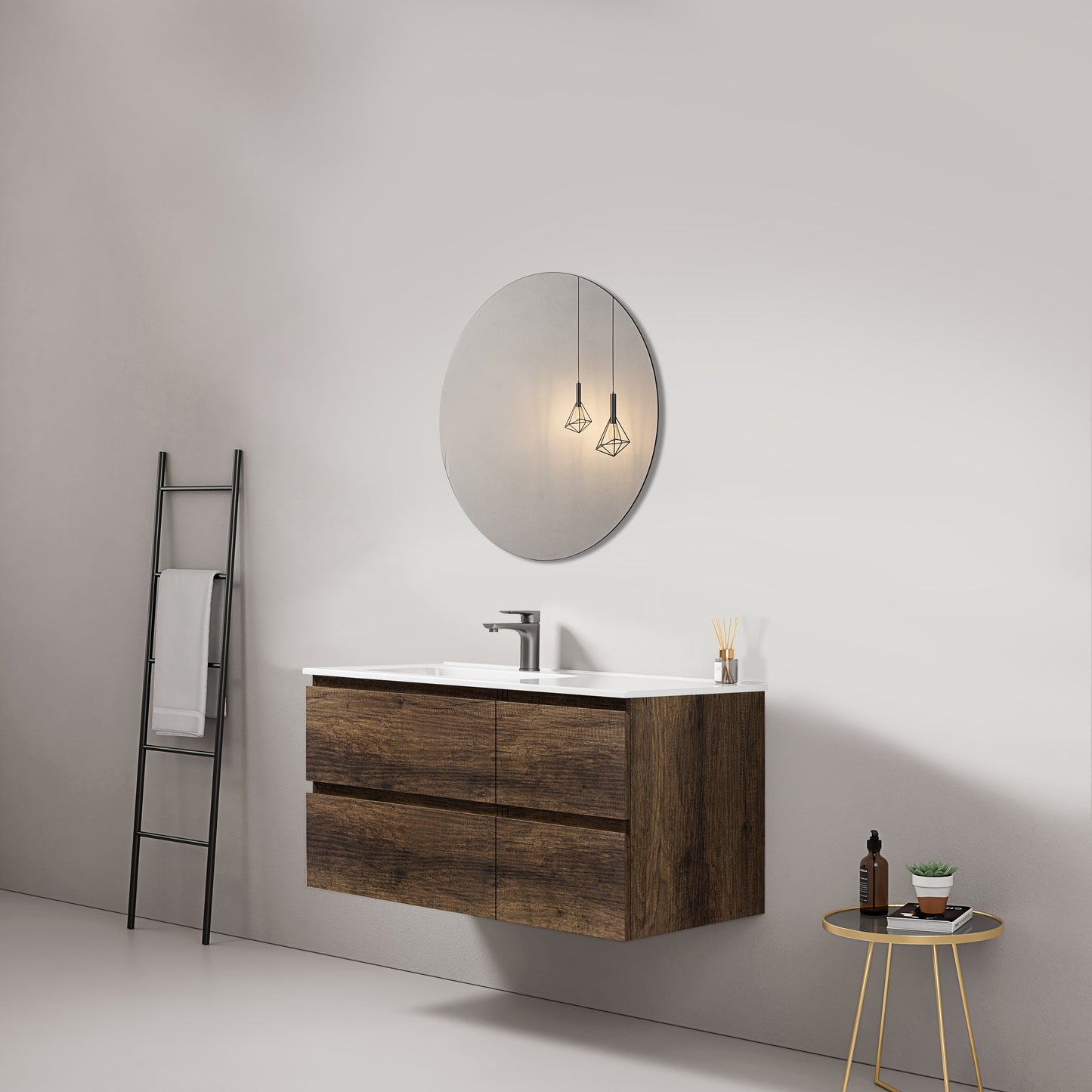Mobile bagno sospeso 100 cm Bruno Scuro Lavabo a Sinistra in Ceramica Specchio Tondo - Fiji Wood