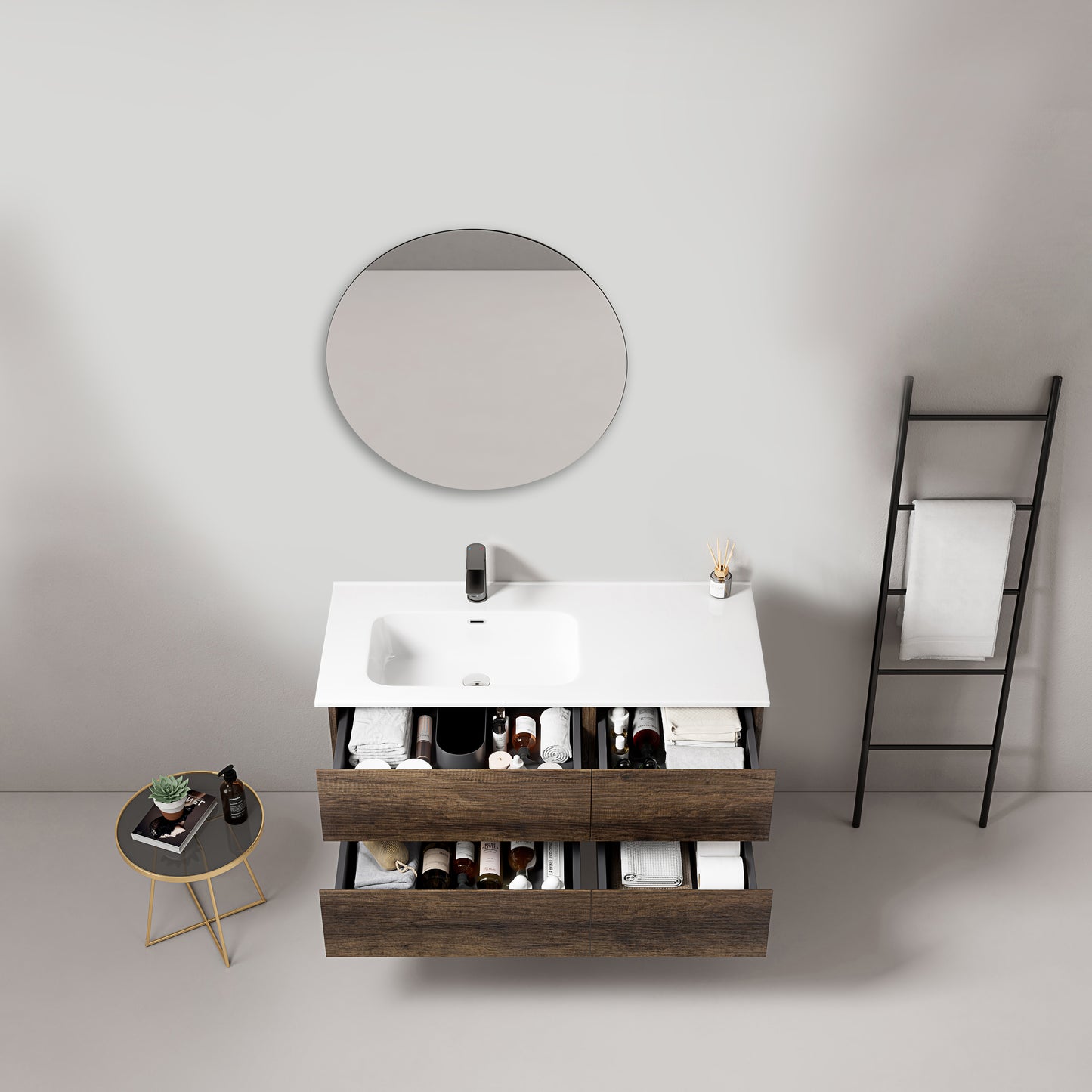 Mobile bagno sospeso 100 cm Bruno Scuro Lavabo a Sinistra in Ceramica Specchio Tondo - Fiji Wood