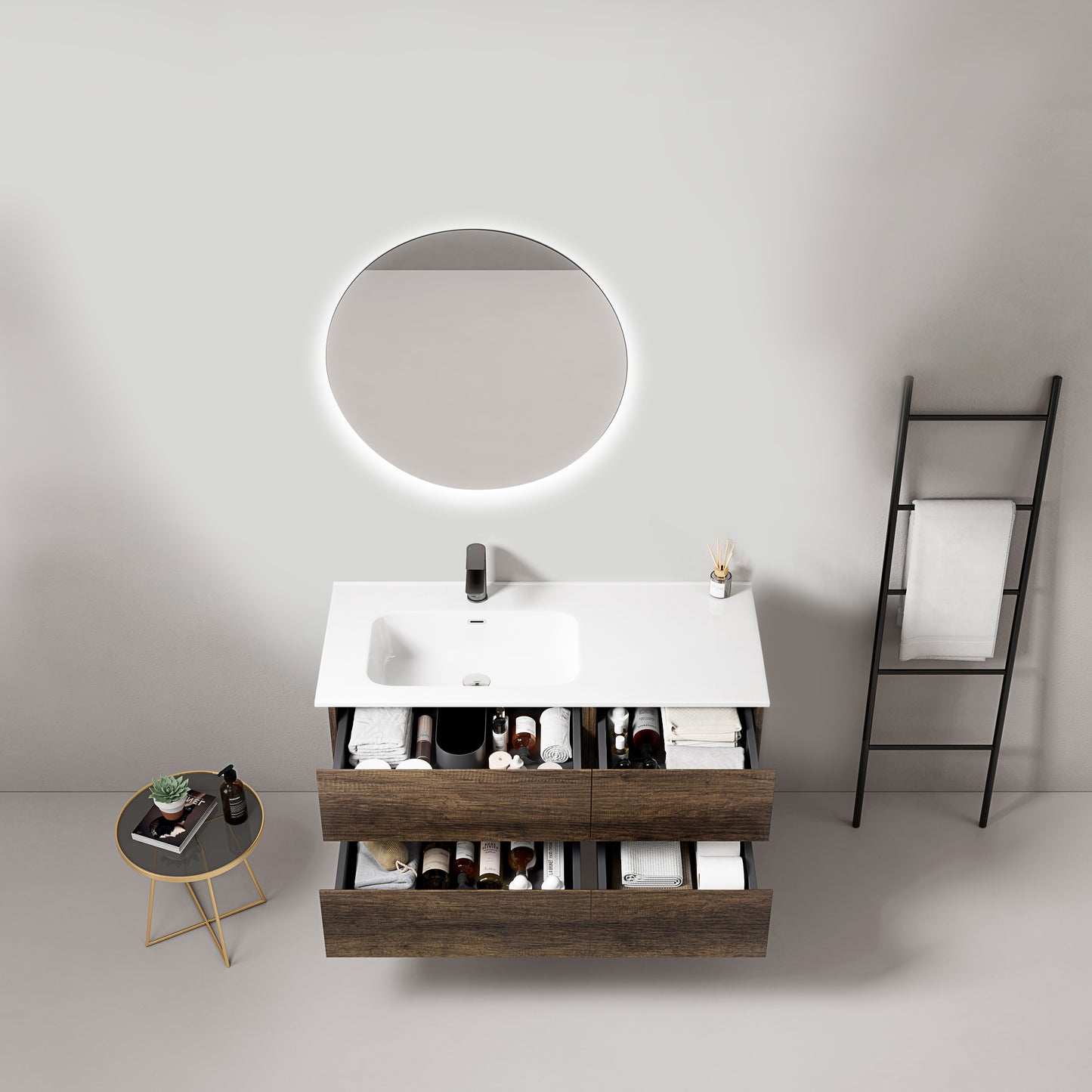 Mobile bagno sospeso 100 cm Bruno Scuro Lavabo a Sinistra in Ceramica Specchio Tondo Retroilluminato - Fiji Wood