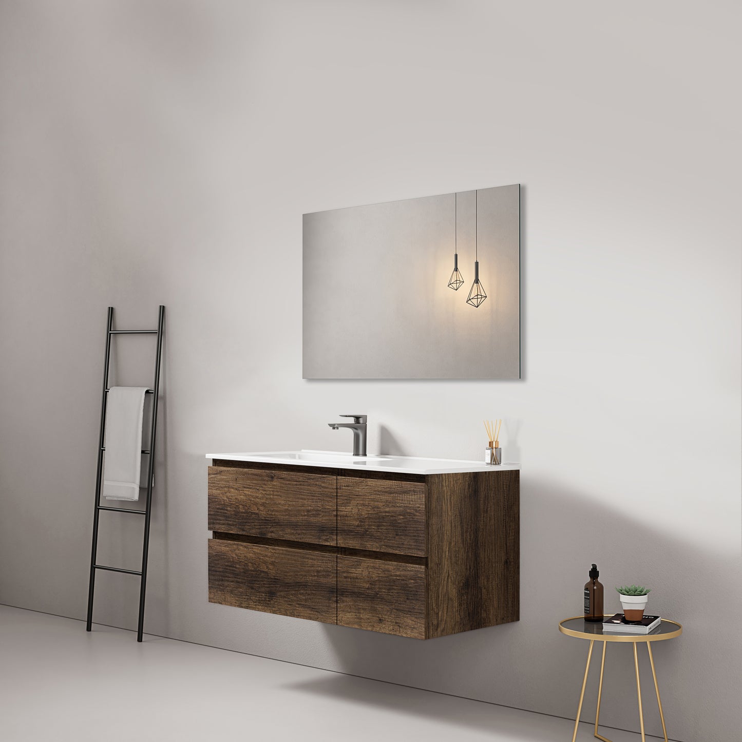 Mobile bagno sospeso 100 cm Bruno Scuro Lavabo a Sinistra in Ceramica Specchio Quadro - Fiji Wood