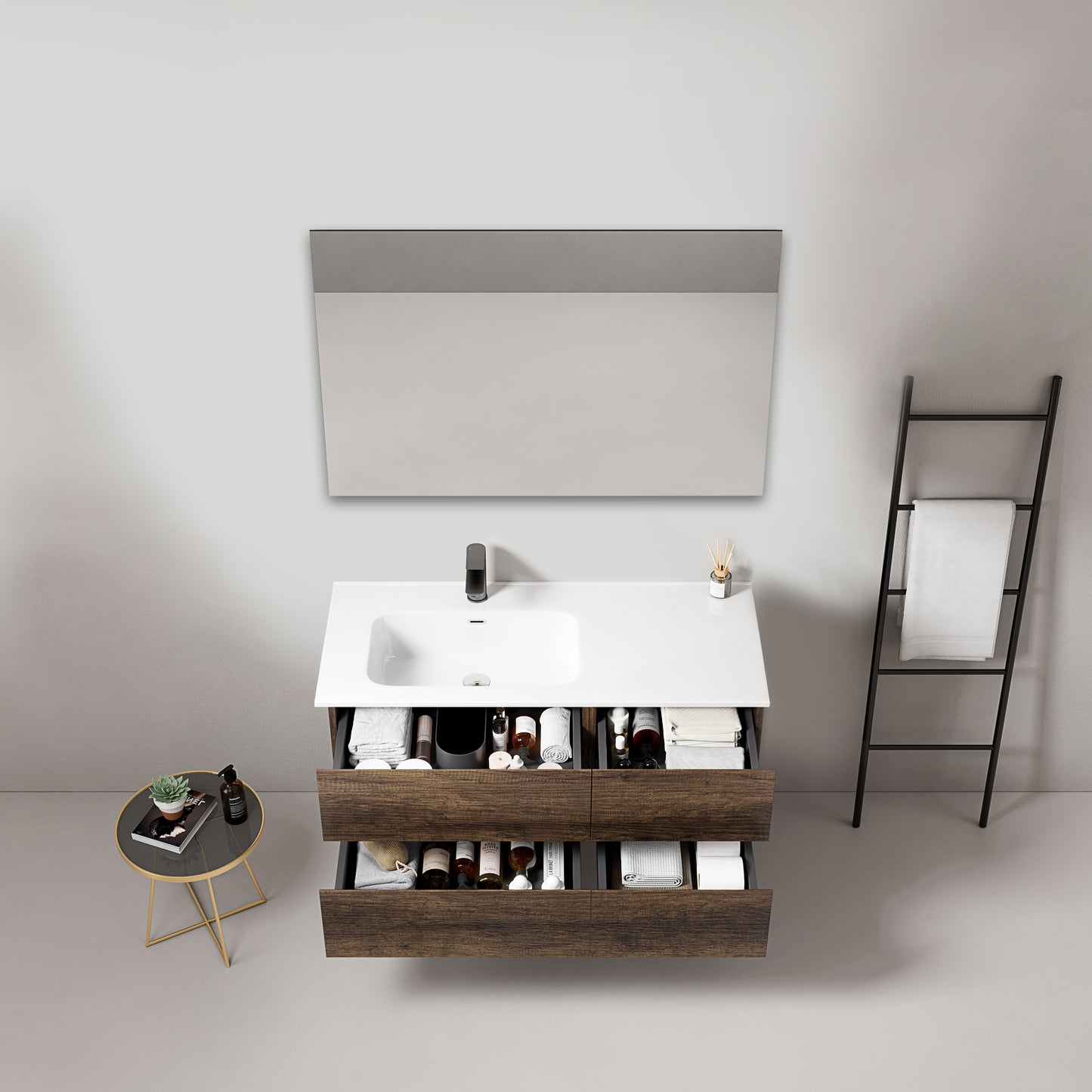 Mobile bagno sospeso 100 cm Bruno Scuro Lavabo a Sinistra in Ceramica Specchio Quadro - Fiji Wood