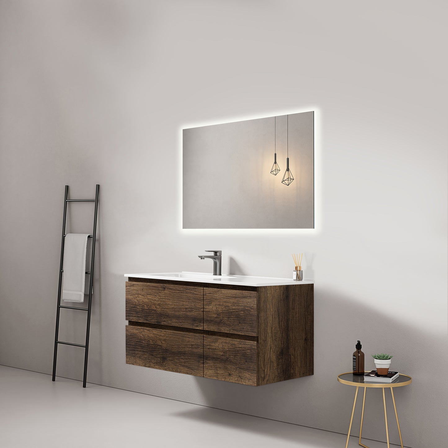 Mobile bagno sospeso 100 cm Bruno Scuro Lavabo a Sinistra in Ceramica Specchio Quadro Retroilluminato - Fiji Wood