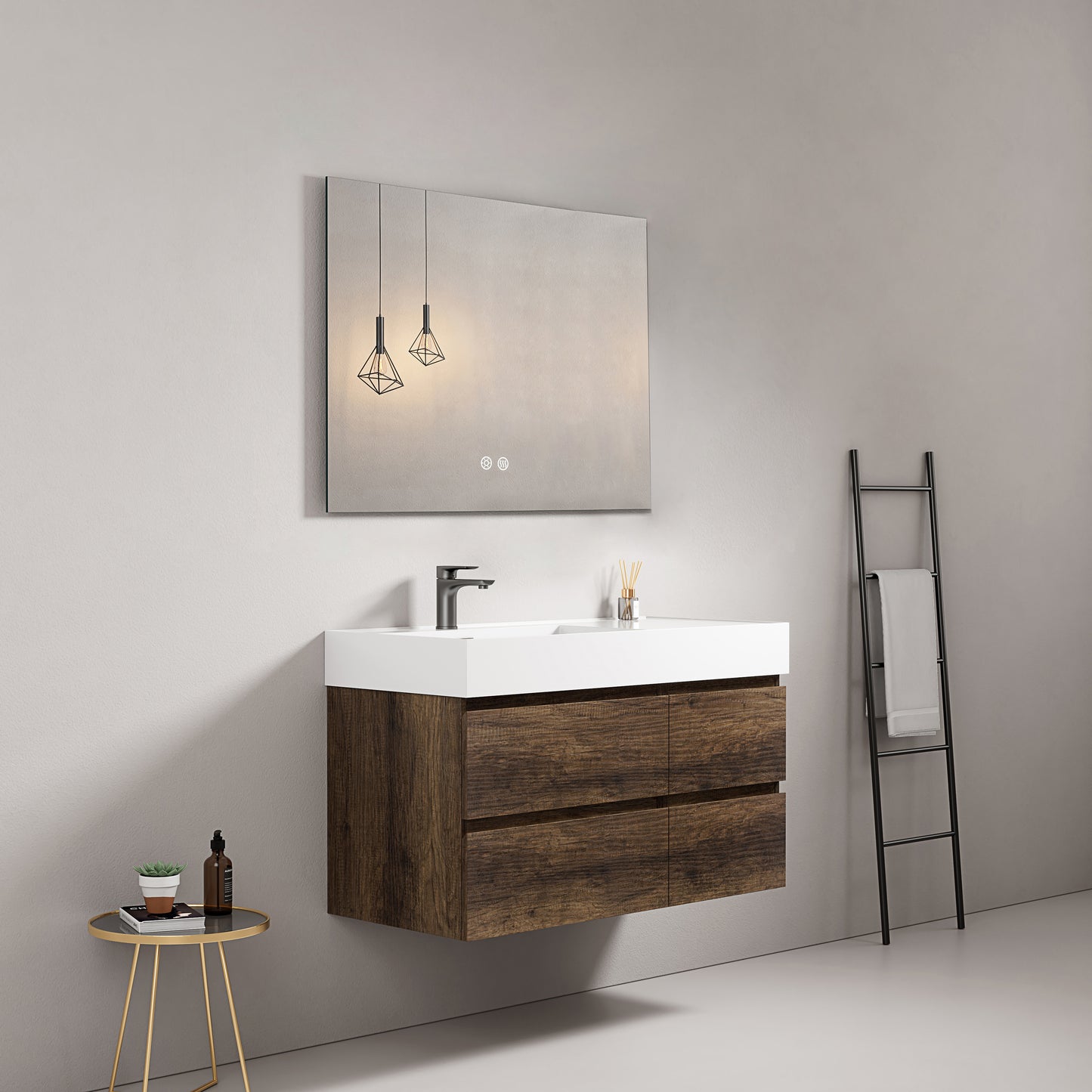 Mobile bagno sospeso 100 cm Bruno Scuro Lavabo a Sinistra in Resina Specchio Quadro - Fiji Wood