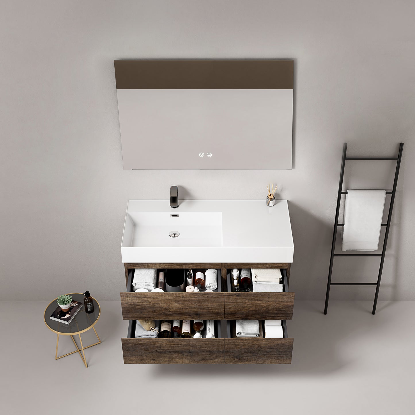 Mobile bagno sospeso 100 cm Bruno Scuro Lavabo a Sinistra in Resina Specchio Quadro - Fiji Wood