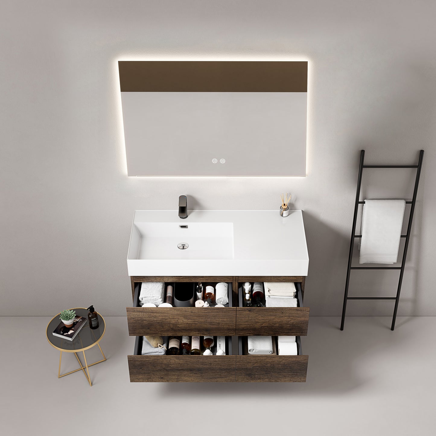 Mobile bagno sospeso 100 cm Bruno Scuro Lavabo a Sinistra in Resina Specchio Quadro Retroilluminato - Fiji Wood