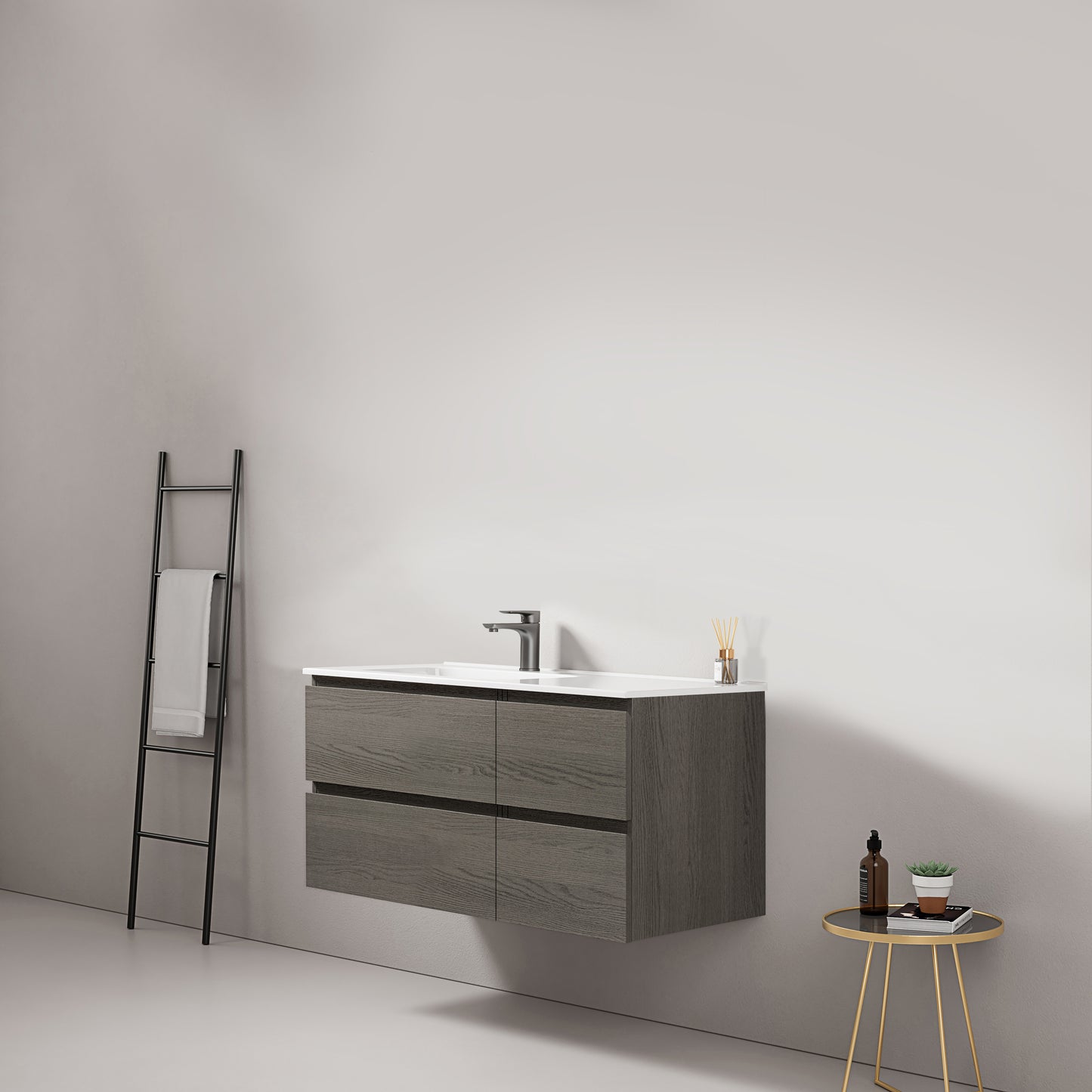 Mobile bagno sospeso 100 cm Grey Lavabo a Sinistra in Ceramica Senza Specchio - Fiji Wood