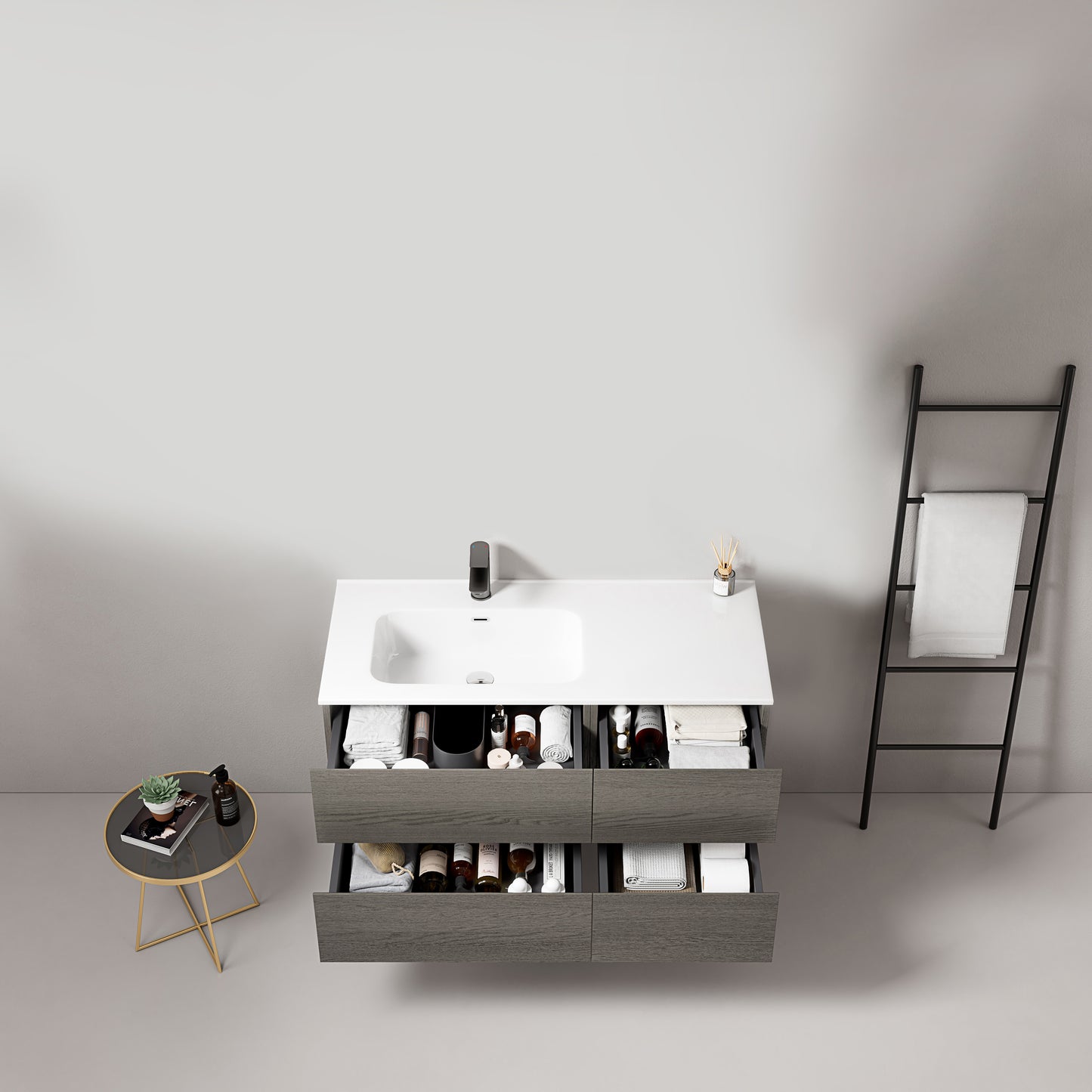 Mobile bagno sospeso 100 cm Grey Lavabo a Sinistra in Ceramica Senza Specchio - Fiji Wood
