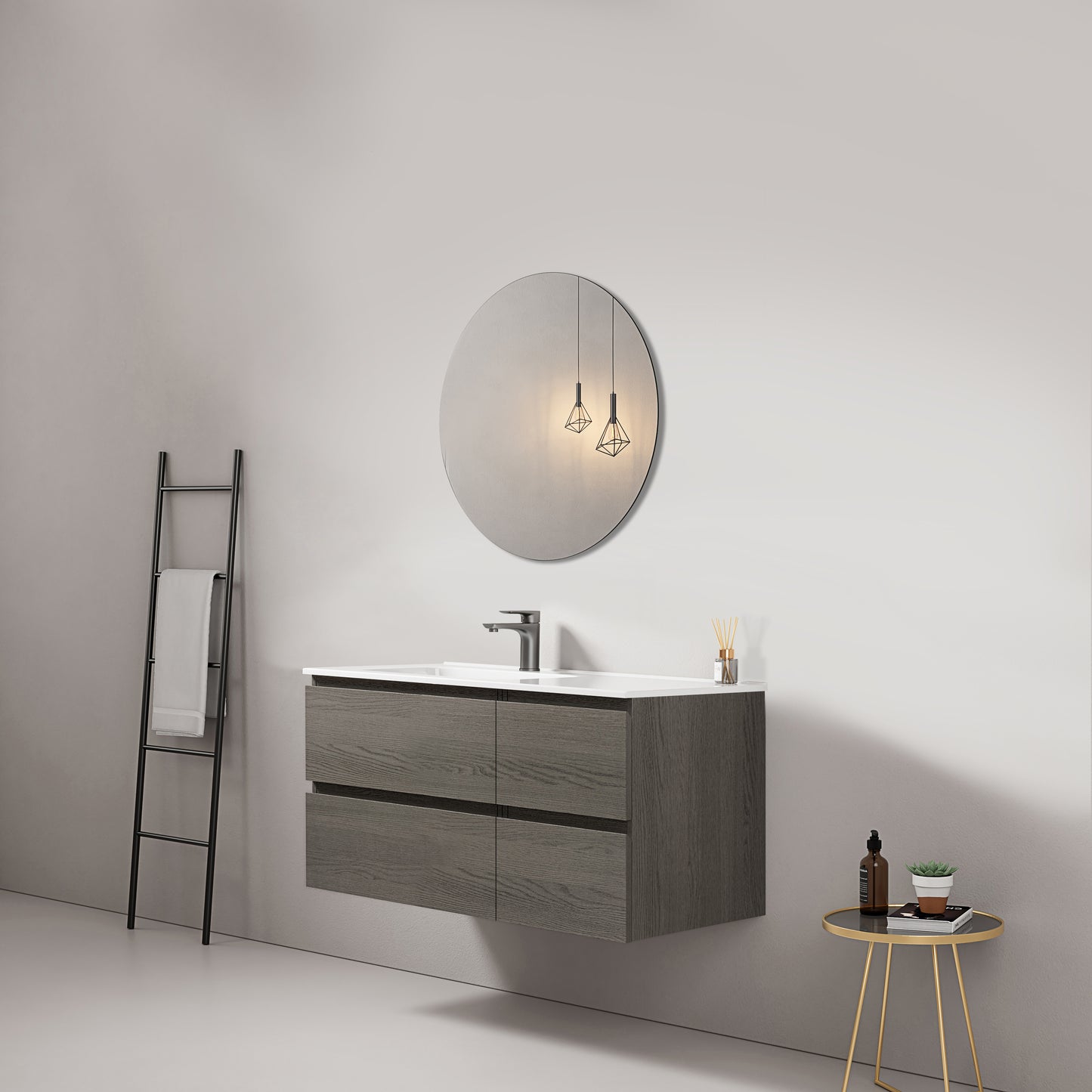 Mobile bagno sospeso 100 cm Grey Lavabo a Sinistra in Ceramica Specchio Tondo - Fiji Wood