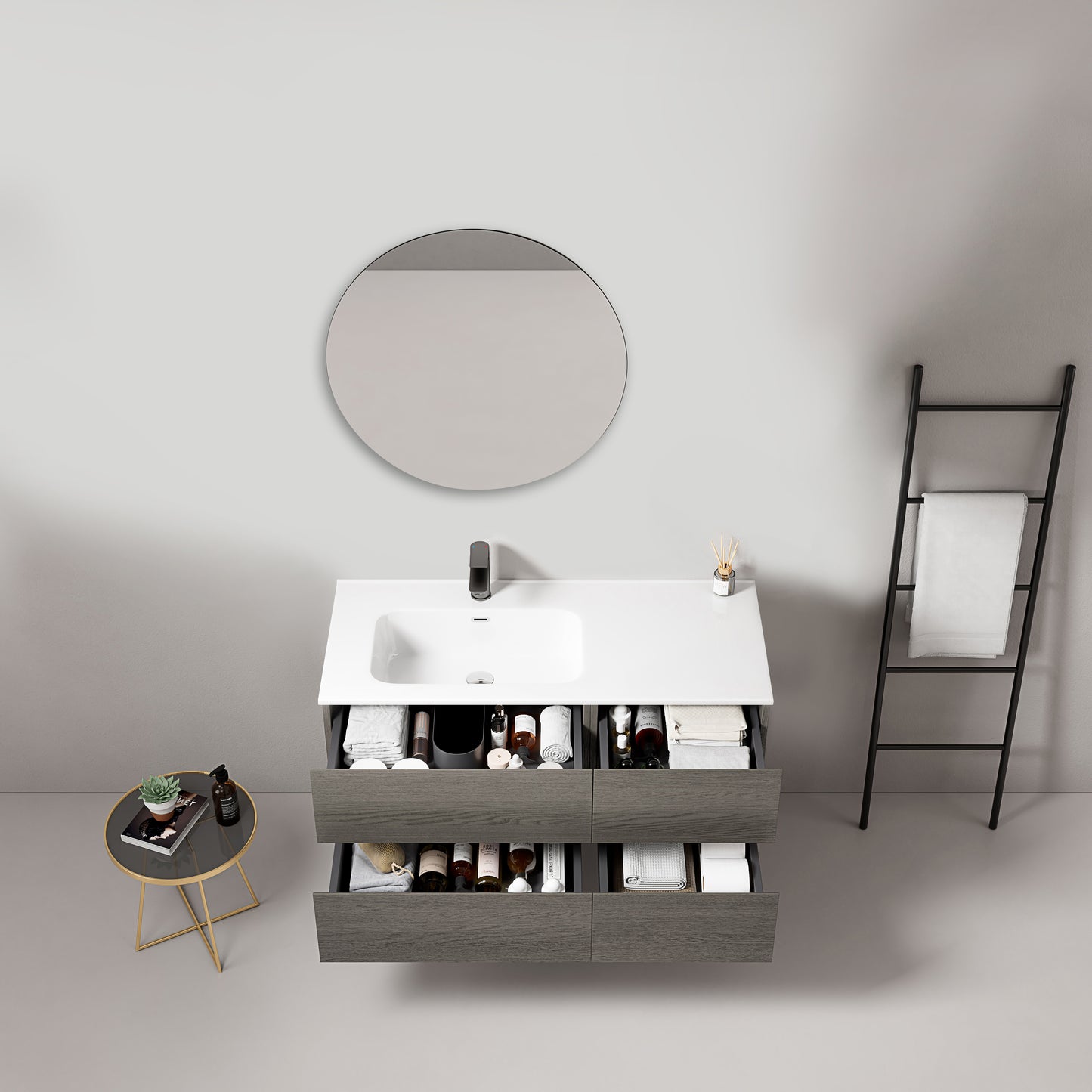 Mobile bagno sospeso 100 cm Grey Lavabo a Sinistra in Ceramica Specchio Tondo - Fiji Wood