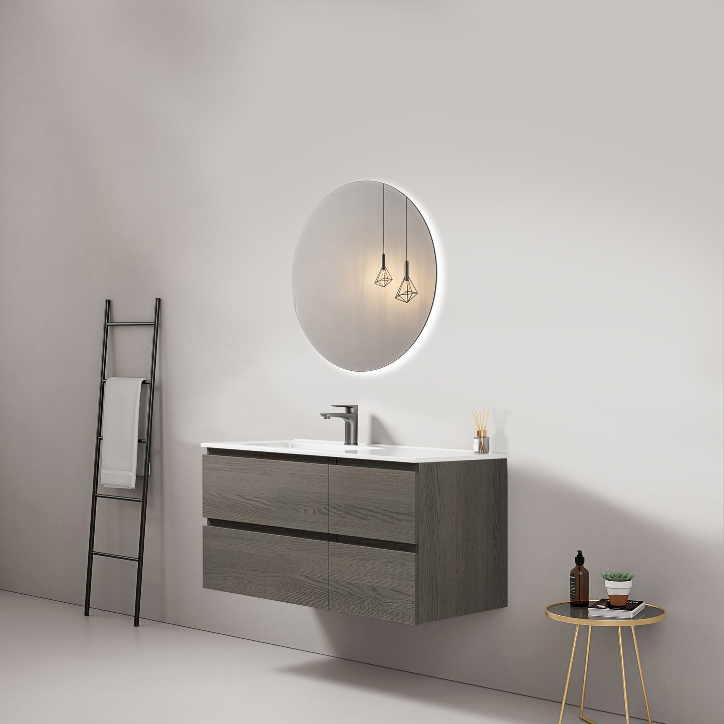 Mobile bagno sospeso 100 cm Grey Lavabo a Sinistra in Ceramica Specchio Tondo Retroilluminato - Fiji Wood
