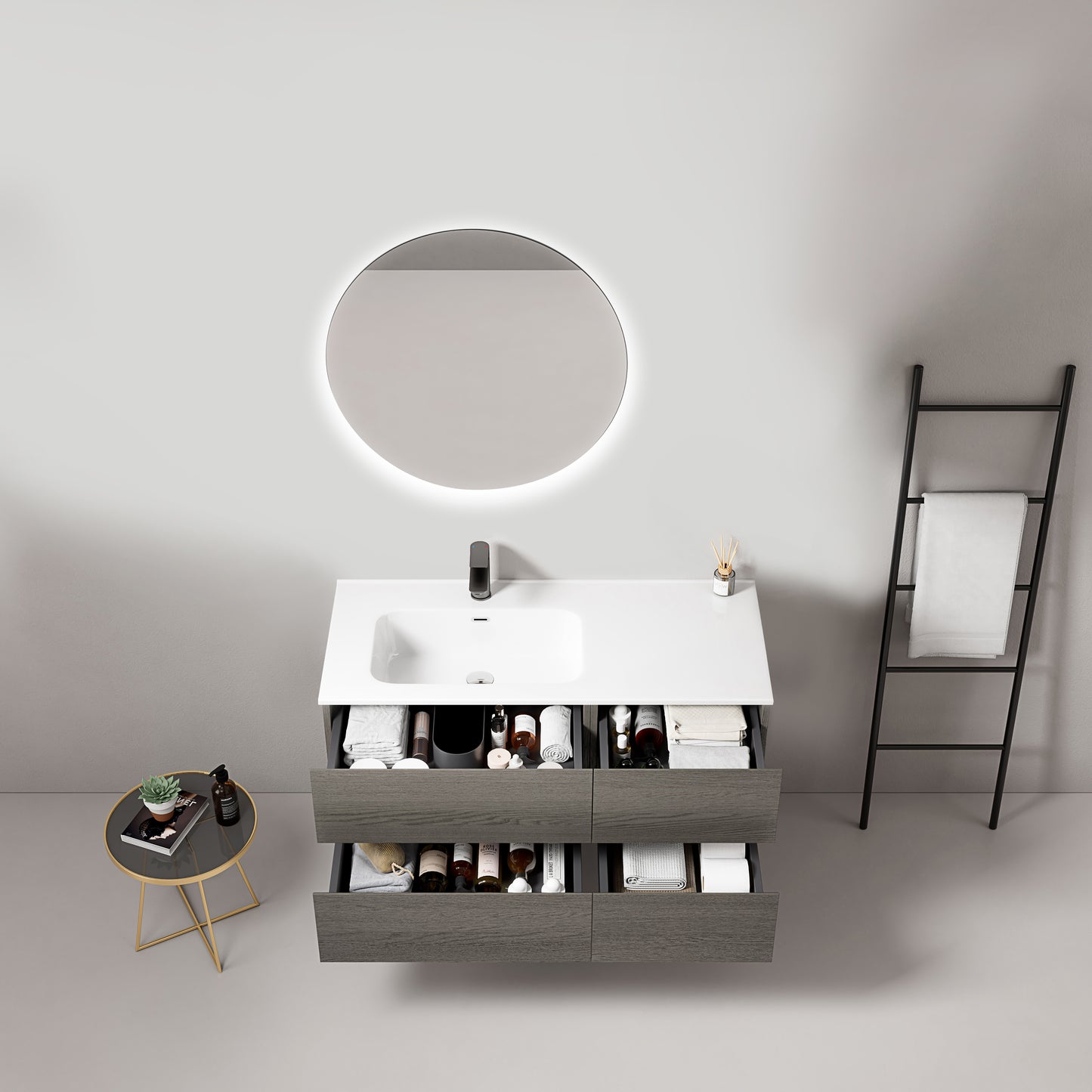 Mobile bagno sospeso 100 cm Grey Lavabo a Sinistra in Ceramica Specchio Tondo Retroilluminato - Fiji Wood