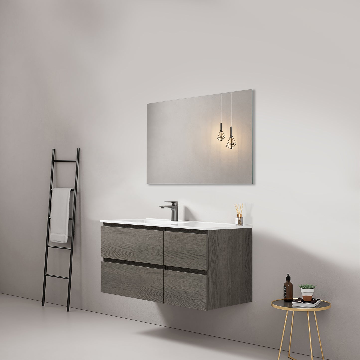 Mobile bagno sospeso 100 cm Grey Lavabo a Sinistra in Ceramica Specchio Quadro - Fiji Wood