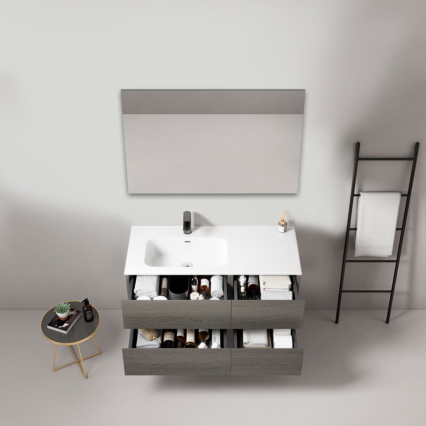 Mobile bagno sospeso 100 cm Grey Lavabo a Sinistra in Ceramica Specchio Quadro - Fiji Wood