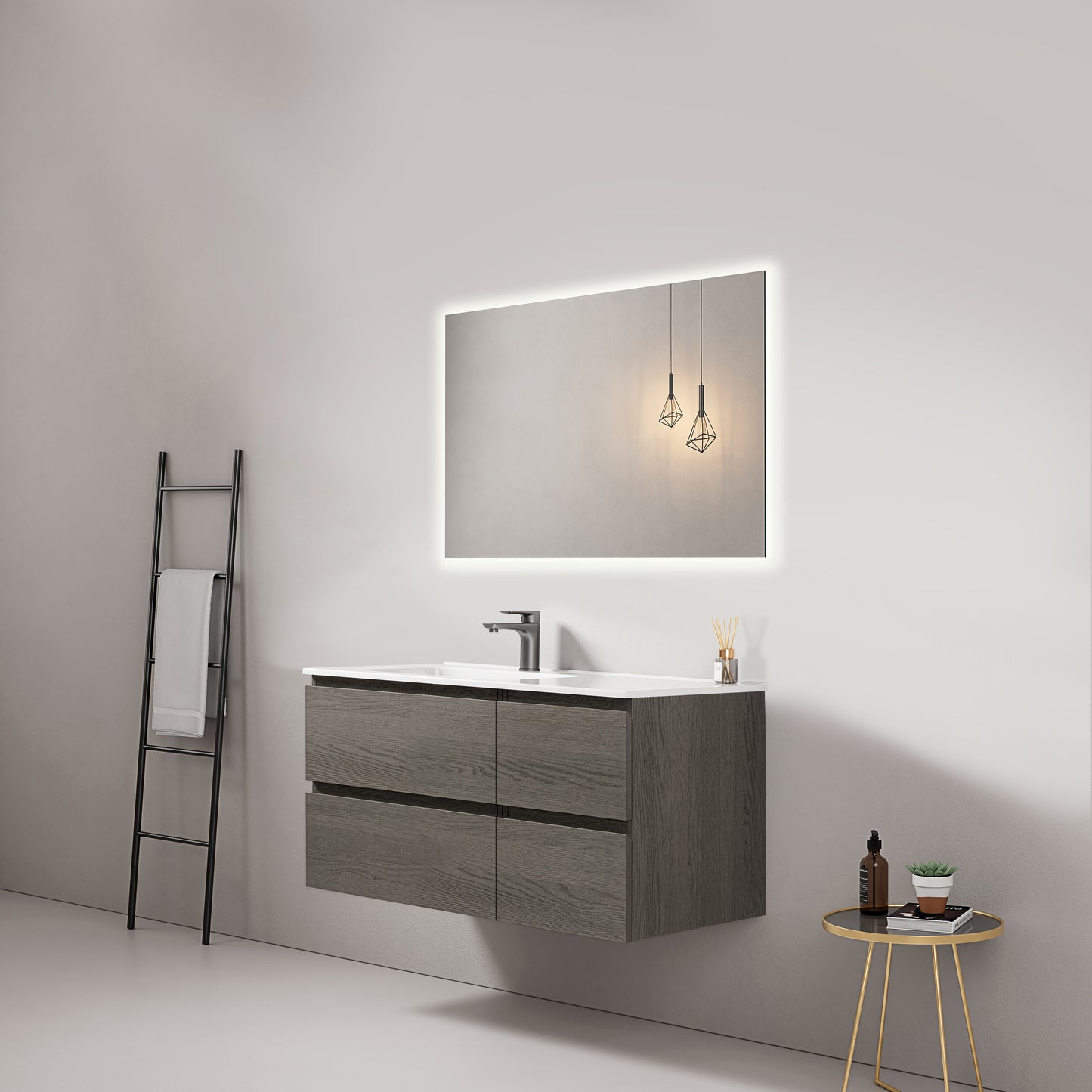Mobile bagno sospeso 100 cm Grey Lavabo a Sinistra in Ceramica Specchio Quadro Retroilluminato - Fiji Wood