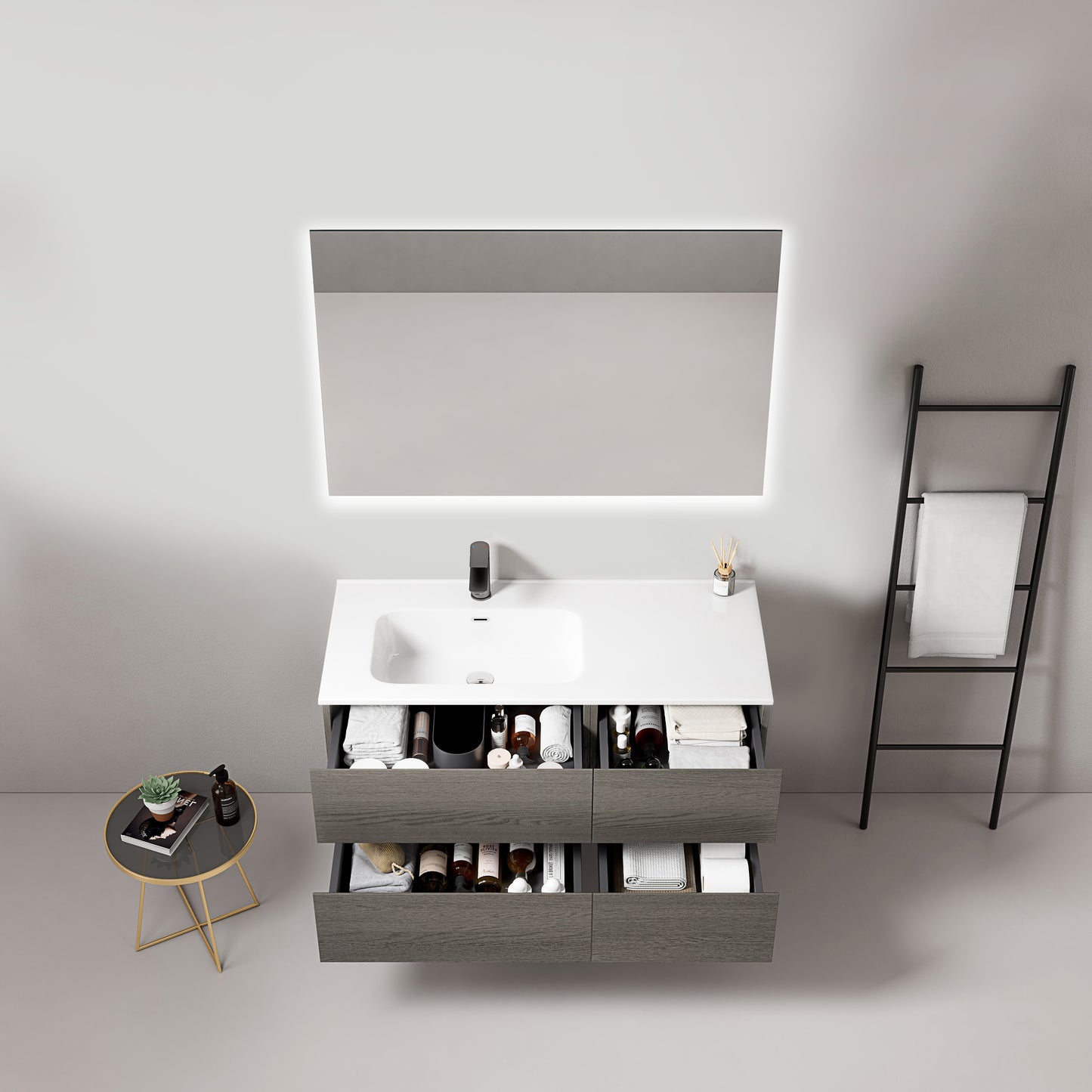 Mobile bagno sospeso 100 cm Grey Lavabo a Sinistra in Ceramica Specchio Quadro Retroilluminato - Fiji Wood