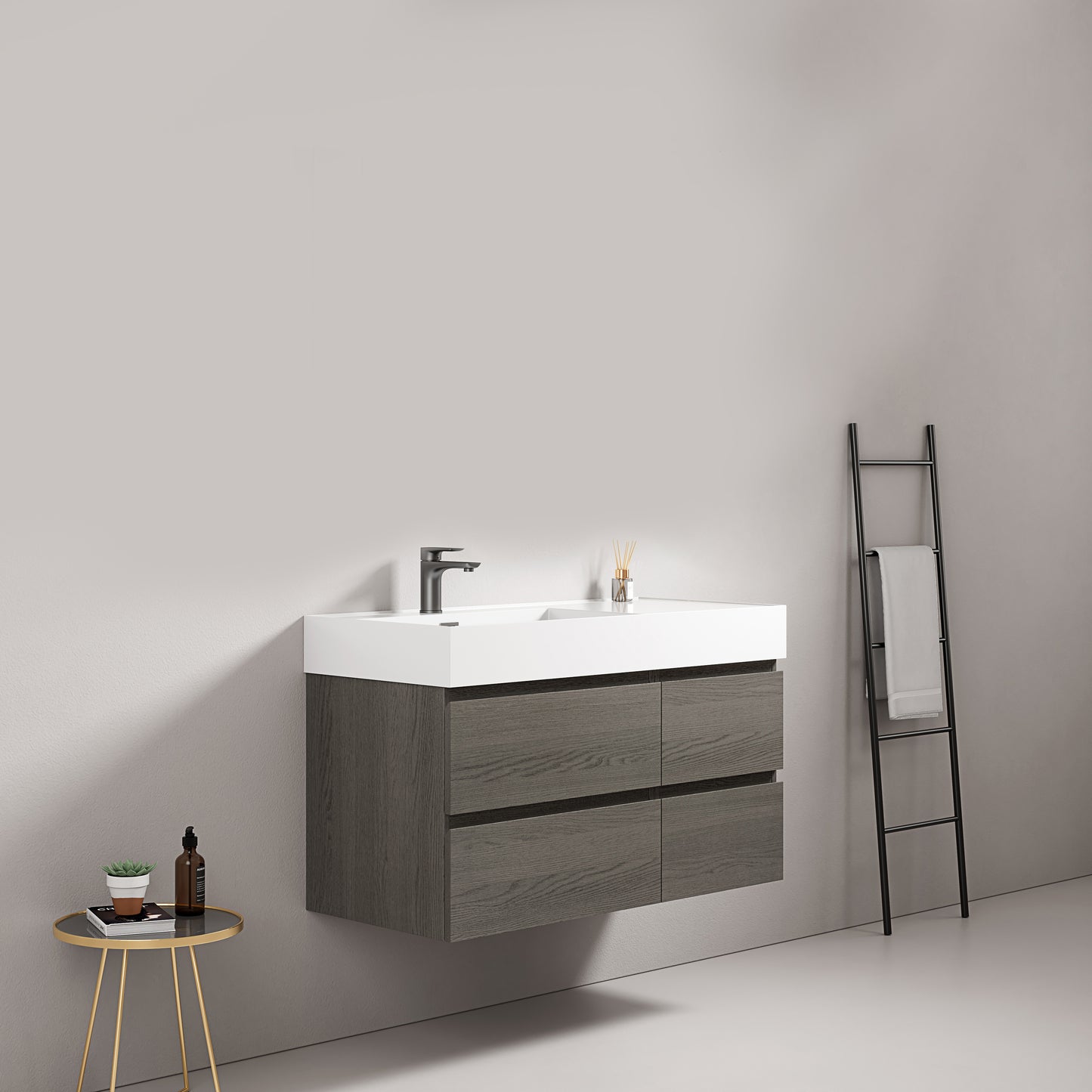 Mobile bagno sospeso 100 cm Grey Lavabo a Sinistra in Resina Senza Specchio - Fiji Wood