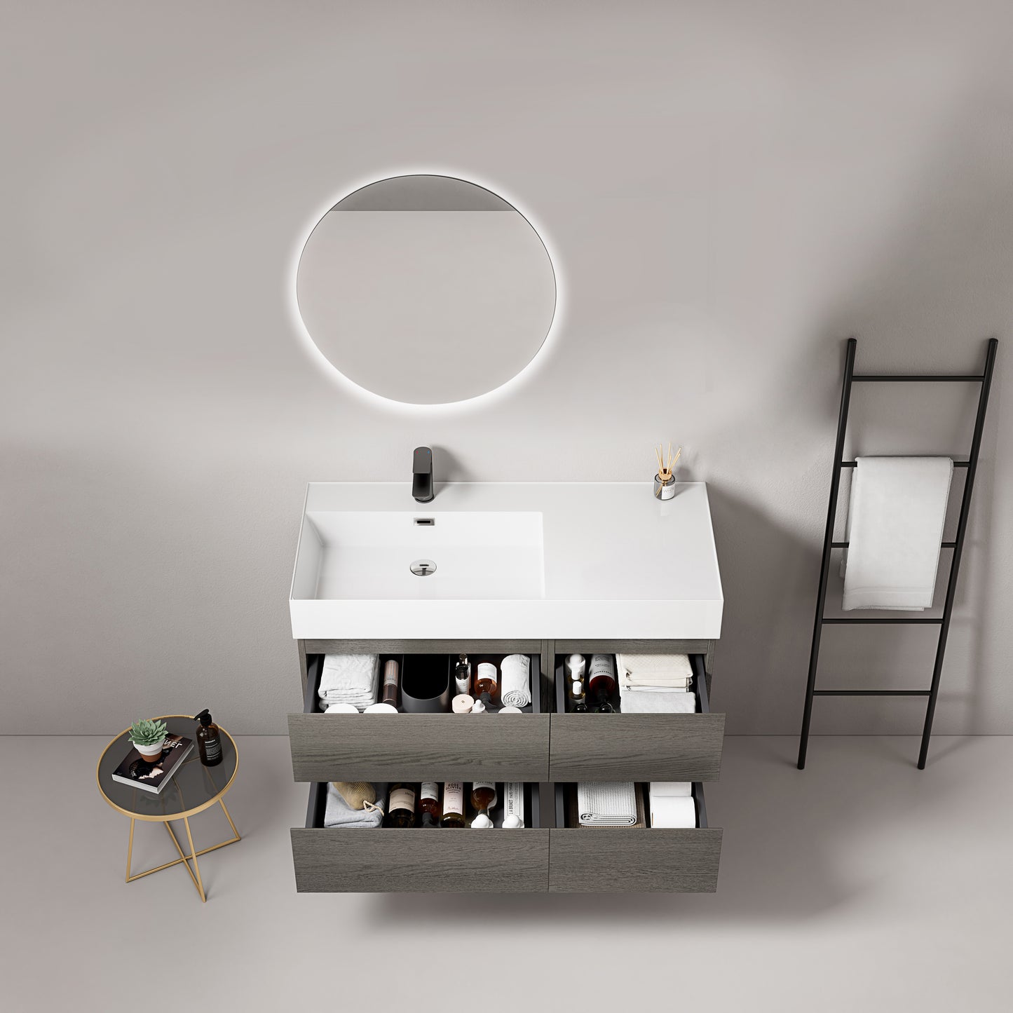 Mobile bagno sospeso 100 cm Grey Lavabo a Sinistra in Resina Specchio Tondo Retroilluminato - Fiji Wood