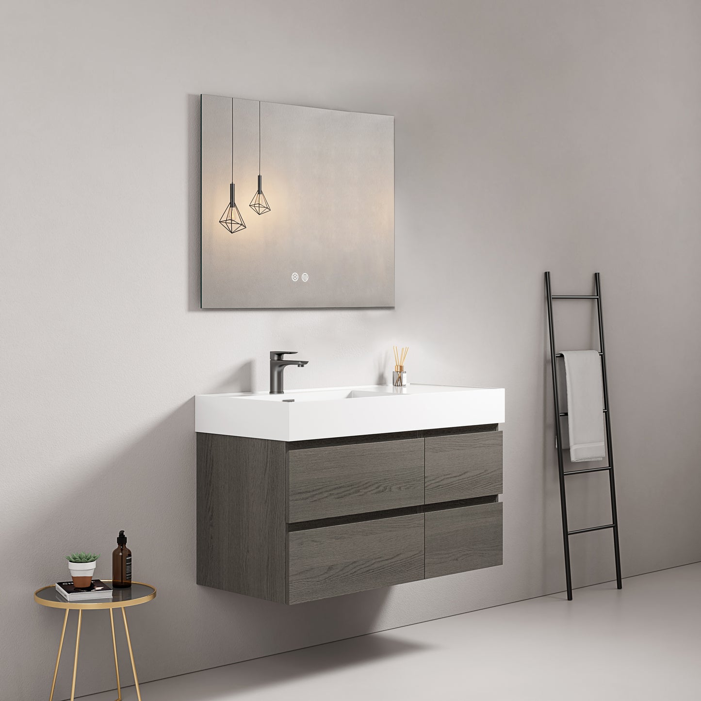 Mobile bagno sospeso 100 cm Grey Lavabo a Sinistra in Resina Specchio Quadro - Fiji Wood