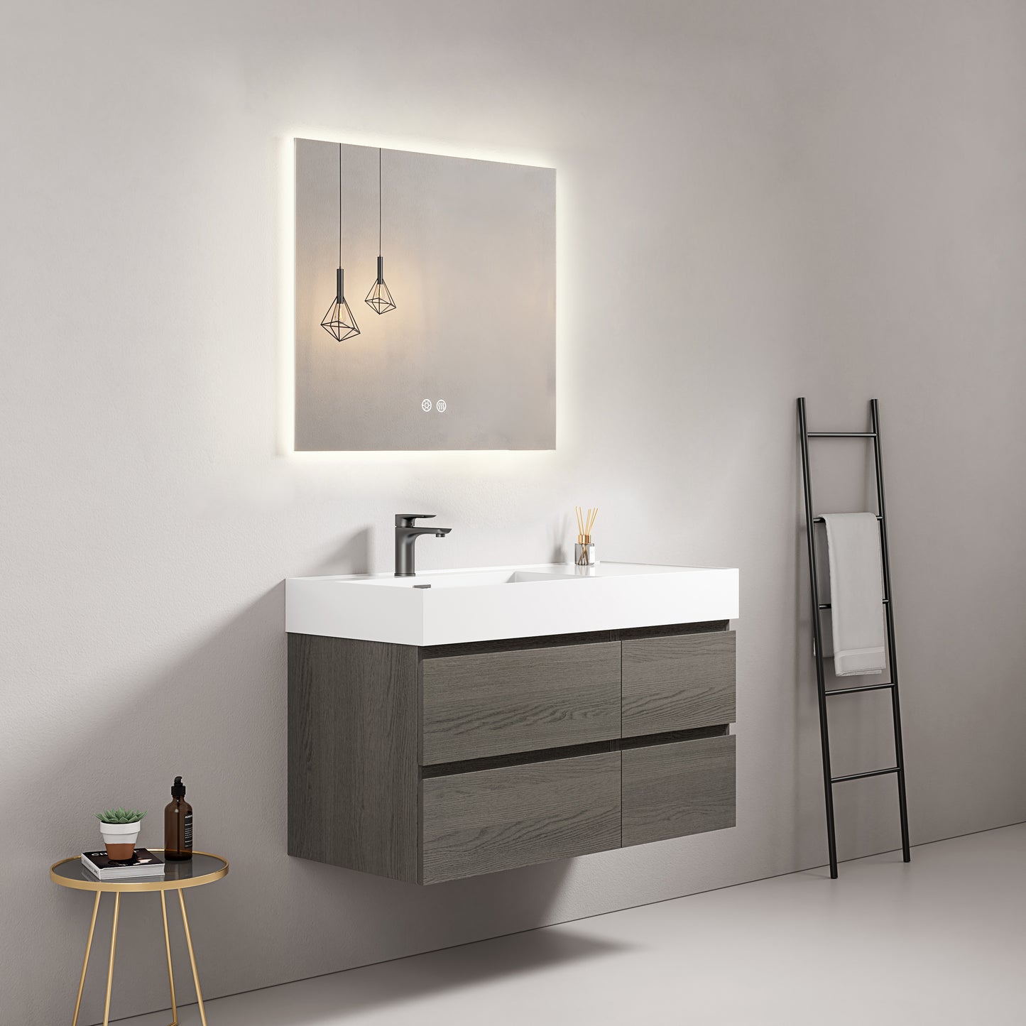 Mobile bagno sospeso 100 cm Grey Lavabo a Sinistra in Resina Specchio Quadro Retroilluminato - Fiji Wood