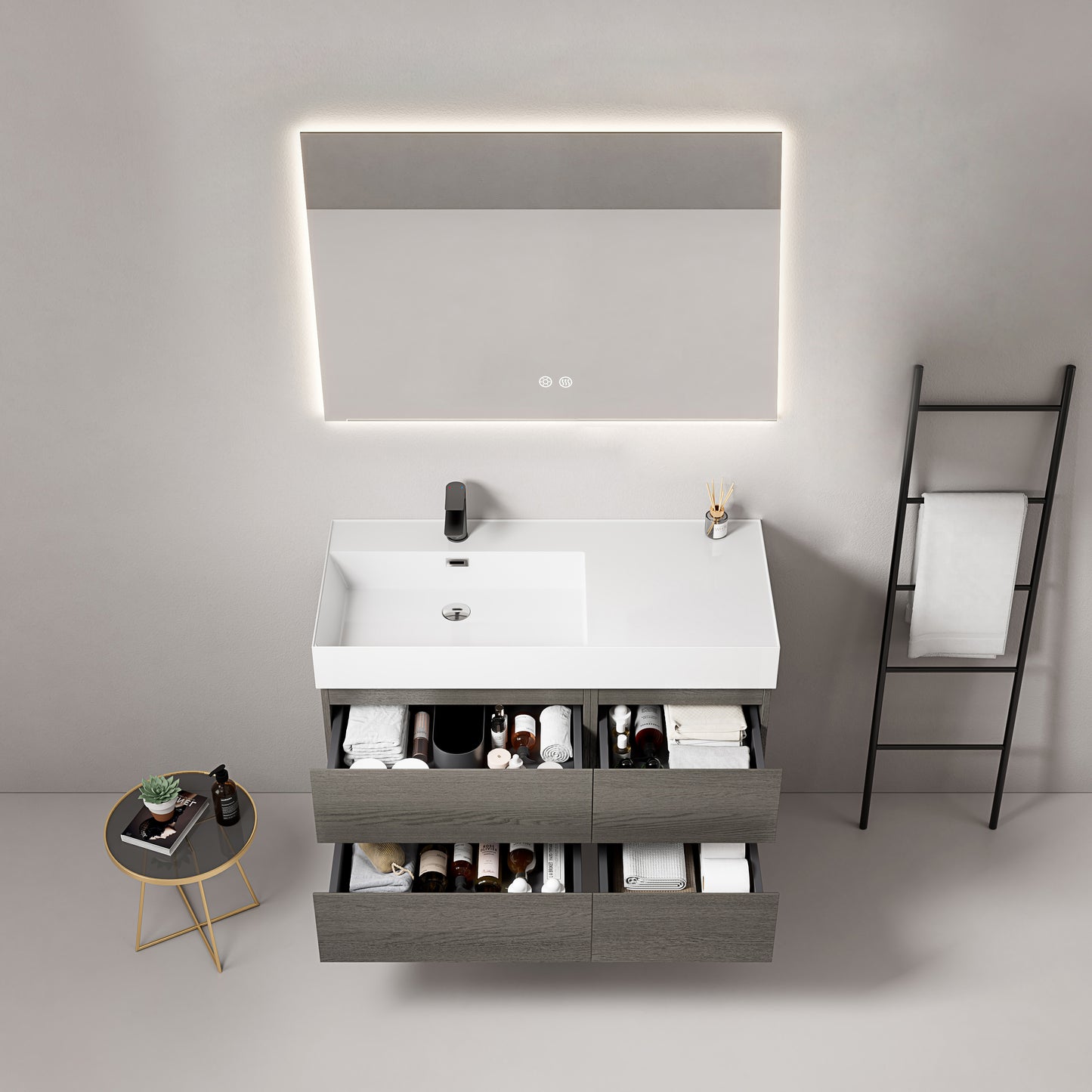Mobile bagno sospeso 100 cm Grey Lavabo a Sinistra in Resina Specchio Quadro Retroilluminato - Fiji Wood