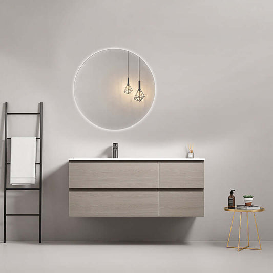 Mobile bagno sospeso 120 cm Beige Lavabo a Sinistra in Ceramica Specchio Tondo Retroilluminato - Fiji Wood