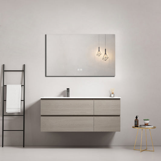 Mobile bagno sospeso 120 cm Beige Lavabo a Sinistra in Ceramica Specchio Quadro - Fiji Wood